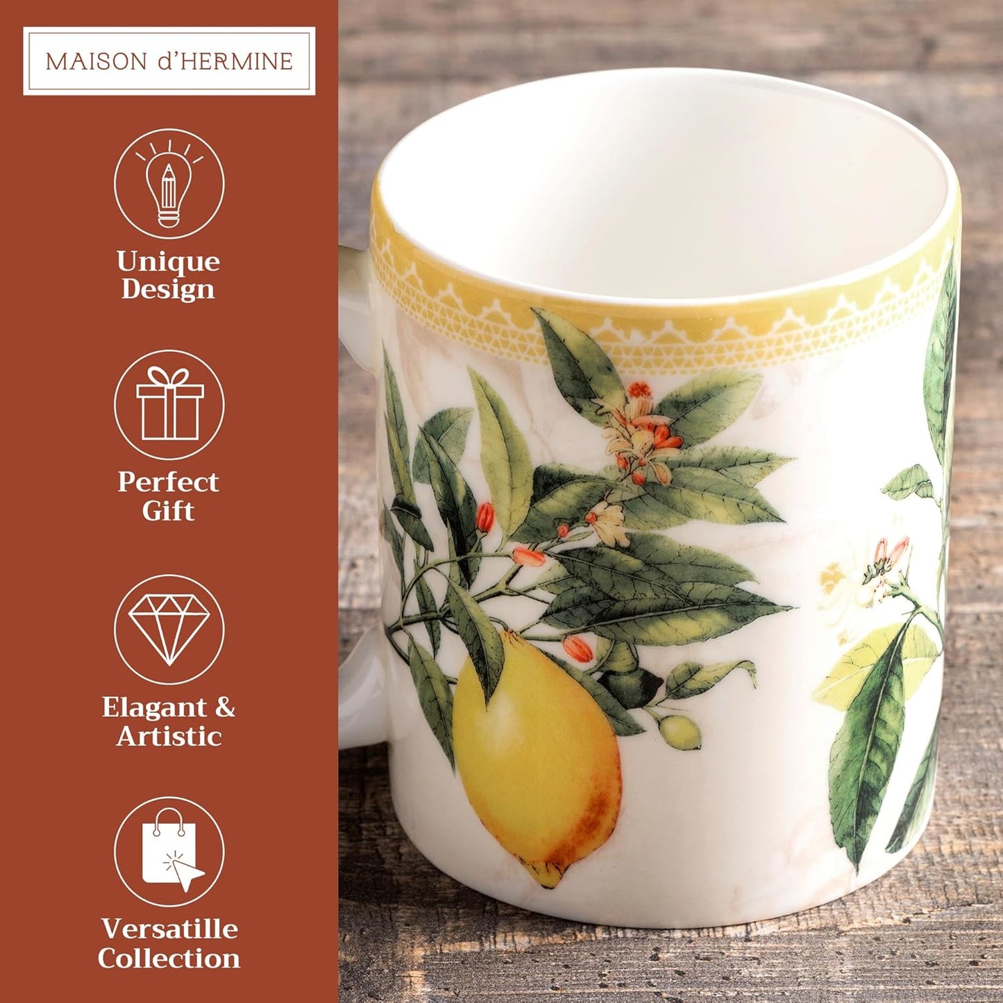 Maison d' Hermine Coffee Mug with Handles Fine Bone China Mugs Pack of One Tea Cups for Hot Beverages Cappuccino Latte Home Restaurant Office Perfect for Gift (Limoncello - Combava, 15 Ounce)