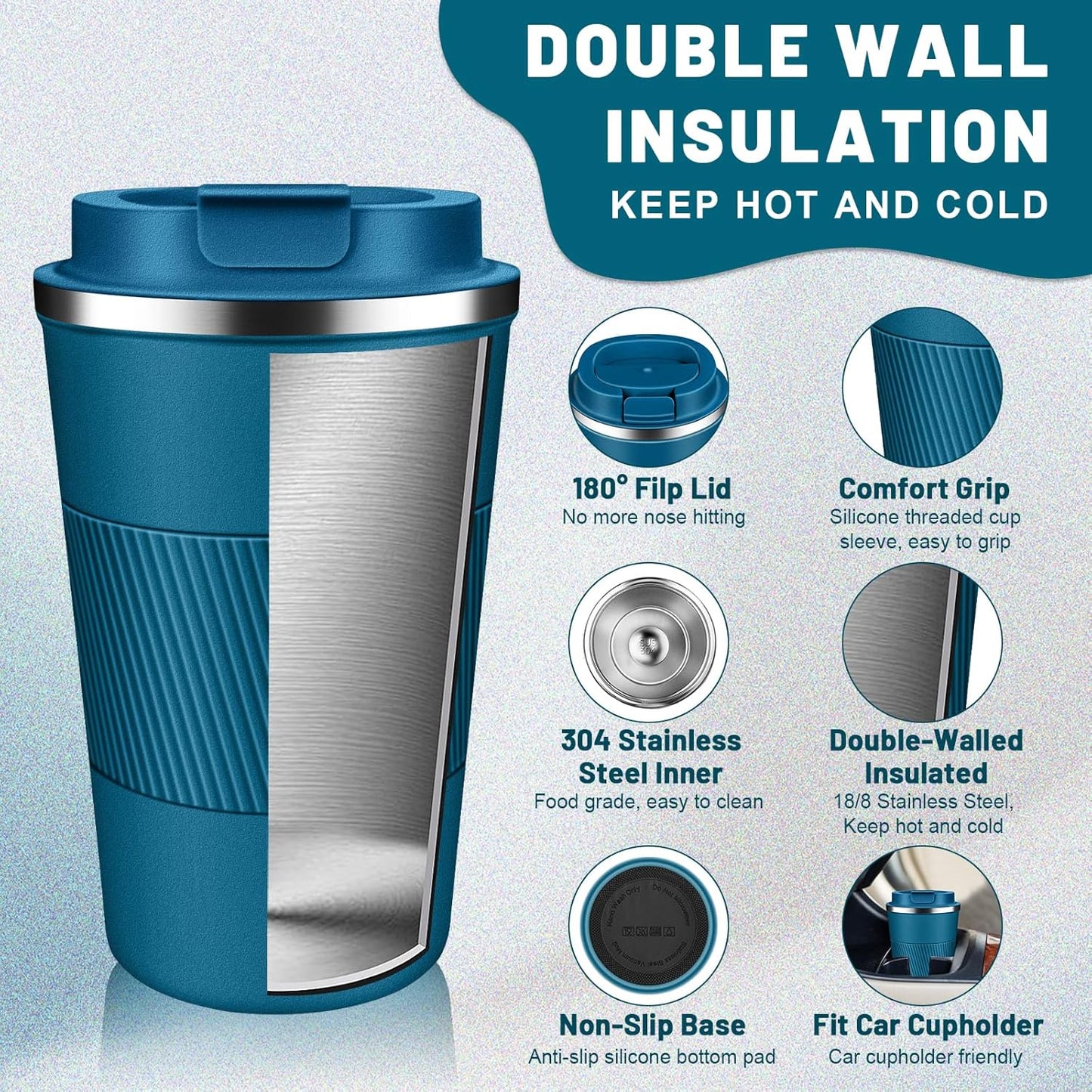 Insulated Coffee Tumblers with Flip Lid 12oz / 17oz, Stainless Steel Travel Coffee Mug Leak Proof, Vacuum Insulated Coffee Mug Reusable Cup, Keeps Cold and Hot for Coffee Tea
