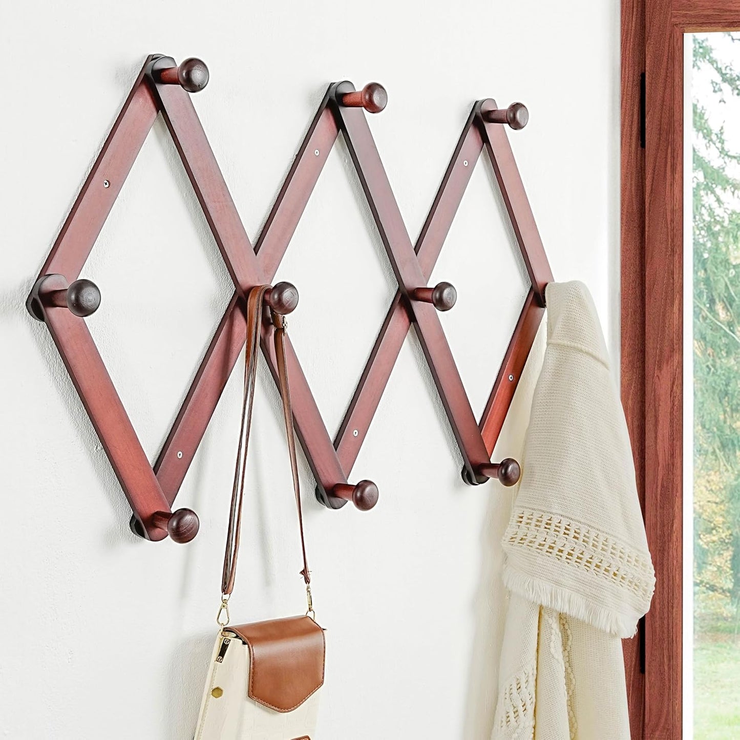 Dseap Expandable Coat Rack (Larger Version) - 24” High, Anti-Slip, Ultra Heavy Duty Wooden Accordian Wall Hanger with 10 Study Peg Hooks for Clothing Hats Jackets Bags, Cherry Red
