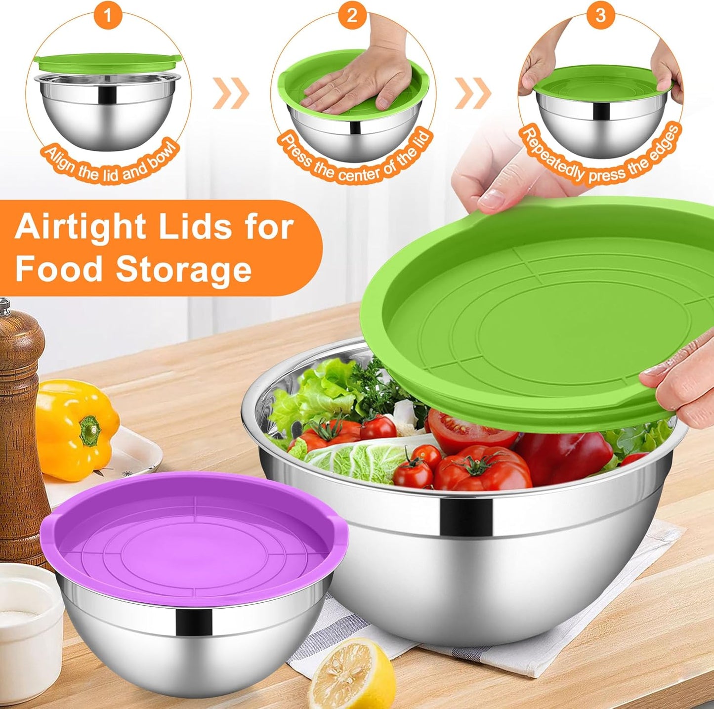 LIANYU Stainless Steel Mixing Bowl Set of 6, Metal Nesting Salad Bowl, Extra Large 7 & 3.5 & 2.5 & 2 & 1.5 & 1QT, Kitchen Bowls for Cooking, Storage, Serving, Dishwasher & Freezer Safe, Multi-Color