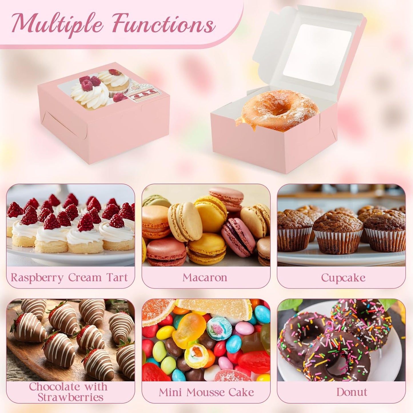 OAMCEG 80 Pack Cookie Boxes with Window, 6x6x3 Inches Pink Cupcake Boxes, Bakery Treat Boxes with Stickers & Twine for Pastry, Desserts, Strawberries, Cupcakes, Gift Giving