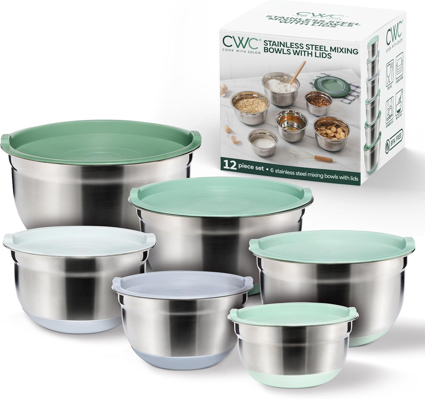COOK WITH COLOR Stainless Steel Mixing Bowls Set with Lids - Nesting Bowls with Non-Slip Bottom, Sage, 12 Pieces