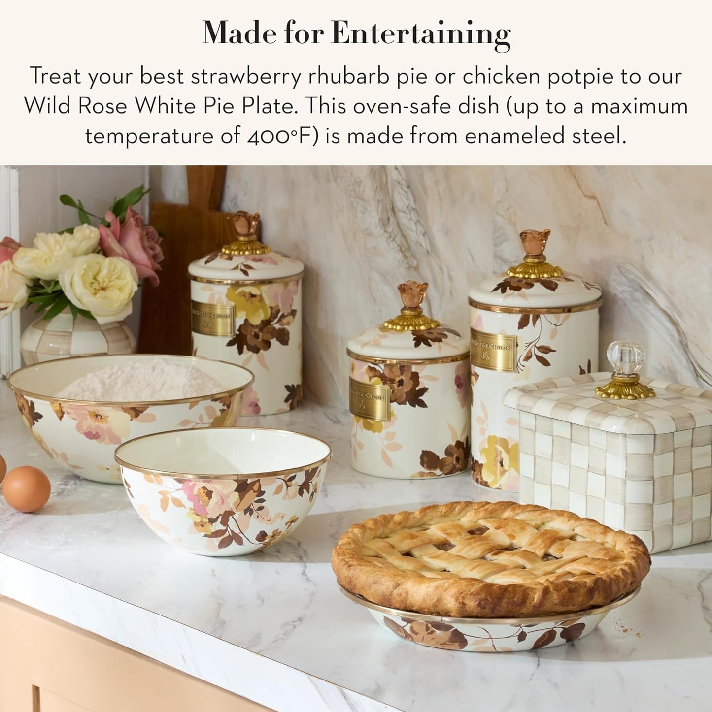 MACKENZIE-CHILDS Pie Plate, Pie Pan for Baking and Serving, Wild Rose White