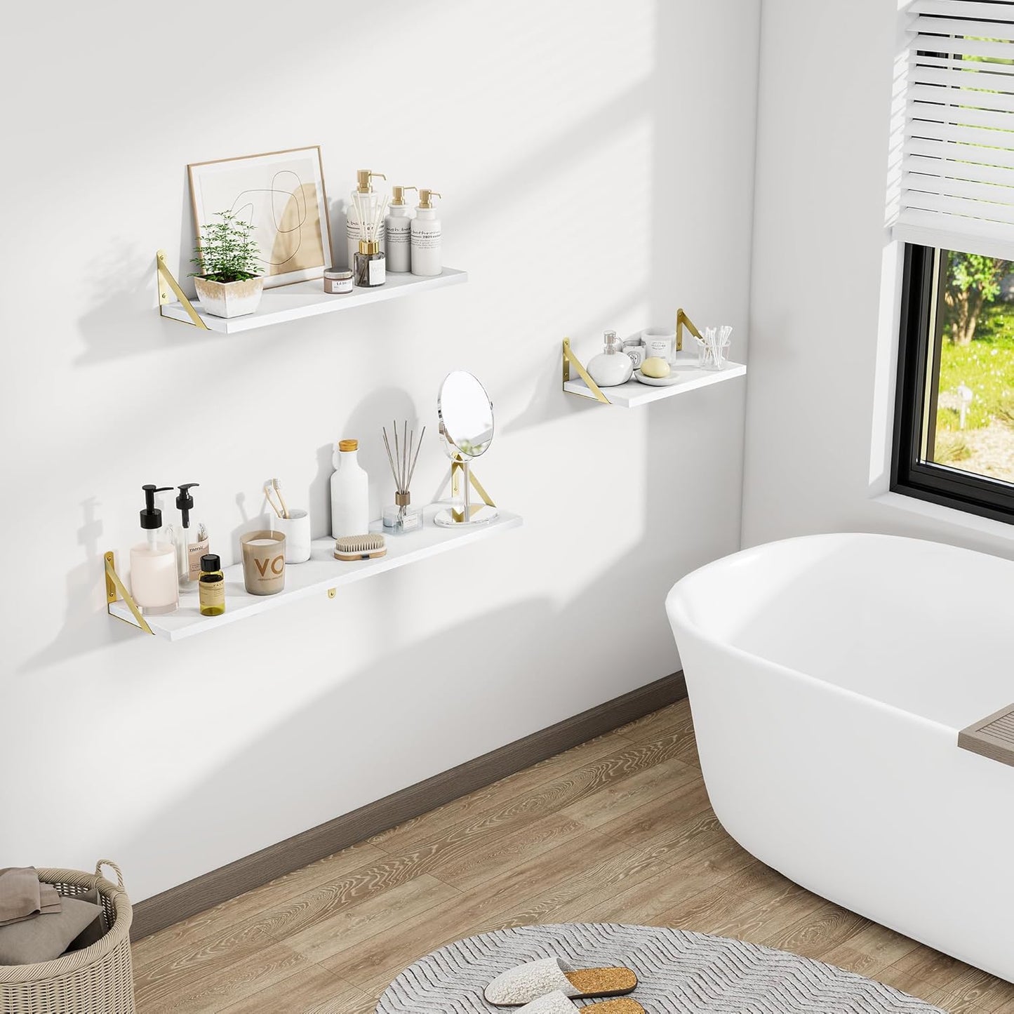 Dreamland Deep Floating Shelves for Wall, 16W x 8D Wall Mounted Shelves Set of 2, Floating Shelves Bedroom with Sturdy Metal Brackets for Living Room, Bathroom and Kitchen, White with Gold Brackets