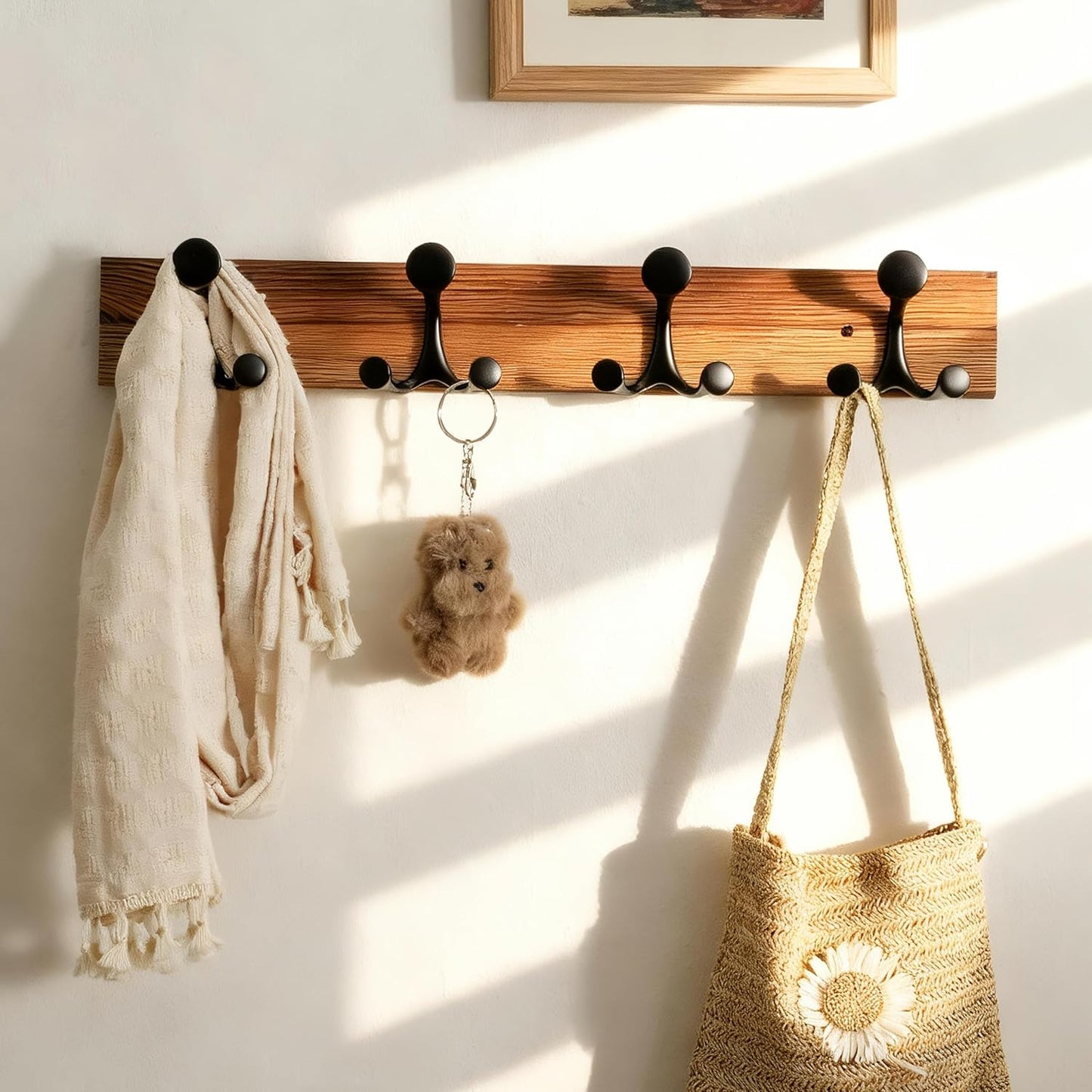 SKOLOO 24-Inch Wood Coat Rack Wall Mount with 4 Triple Hooks - Ideal for Family Entrances, Classrooms, and Pet Supplies Storage - Perfect Coat Hooks for Wall,Charred Golden Brown