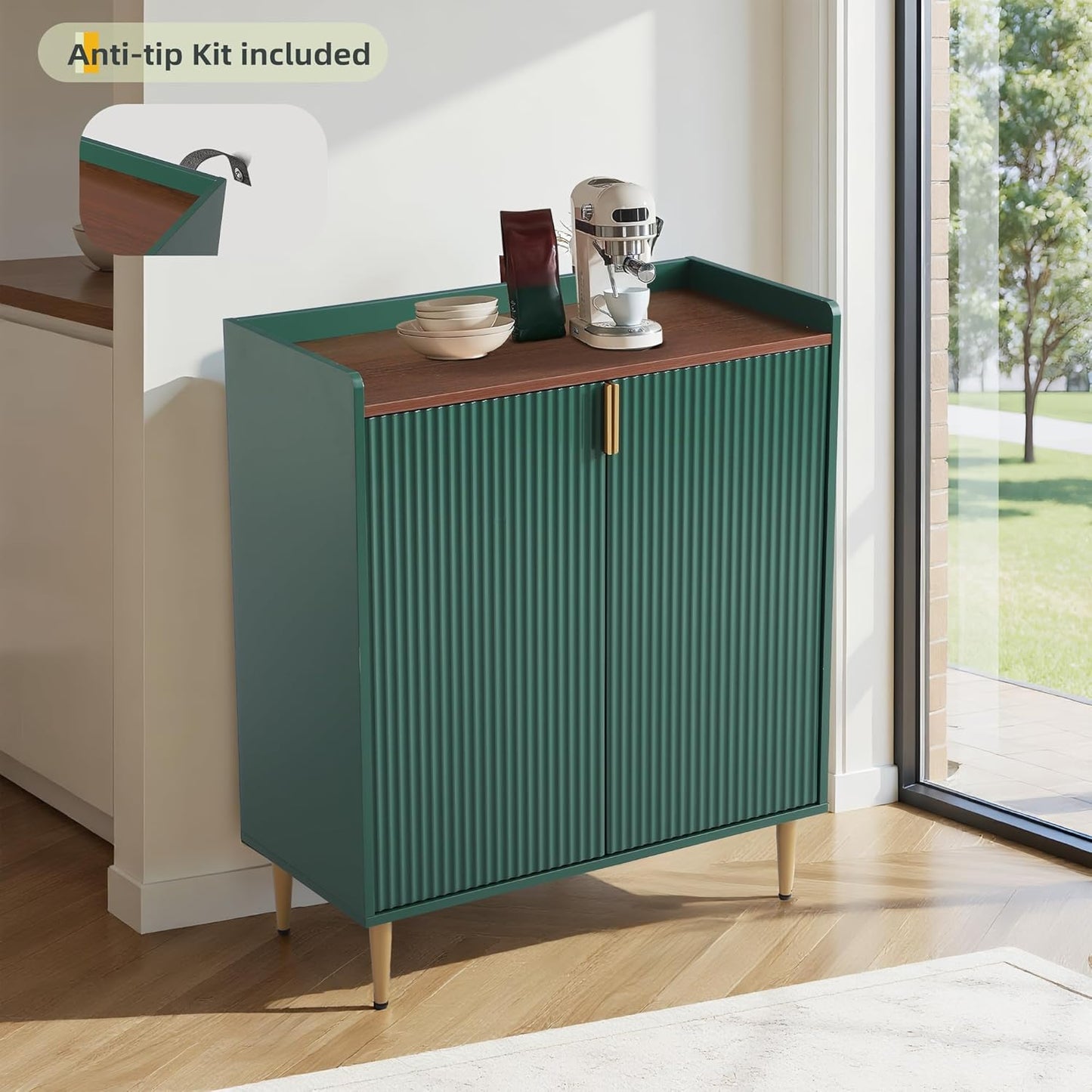 Wine Bar Cabinet Sideboard Buffet Cabinet with Wine Rack & Coffee Bar Station - Adjustable Shelves, Glass Holder and Storage Drawers for Kitchen, Dining Room, Living Room Green