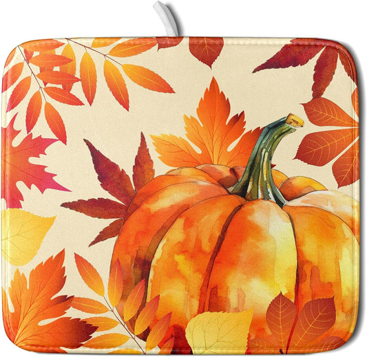 Autumn Pumpkin Maple Leaf Dish Drying Mat for Kitchen Counter,Thanksgiving Fall Holiday Drying Mat with Hanging Loop 16 x 18 Inch Microfiber Dish Drying Pad Dish Rack Drainer Mat for Coffee Bar