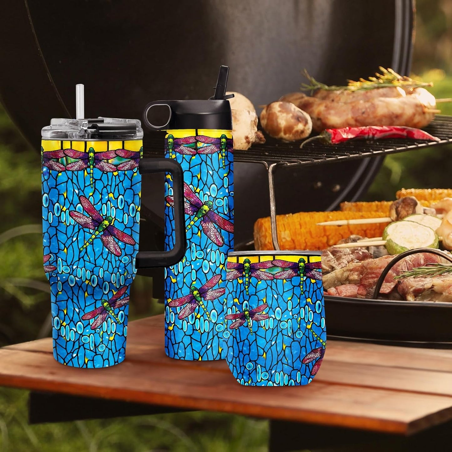 RainCaper 18/8 Stainless Steel Insulated Water Tumbler with Straw | 30oz, BPA-Free, Double Wall for Hot & Cold | Travel-Friendly, Cup Holder Ready (Tiffany Dragonfly - Purple)