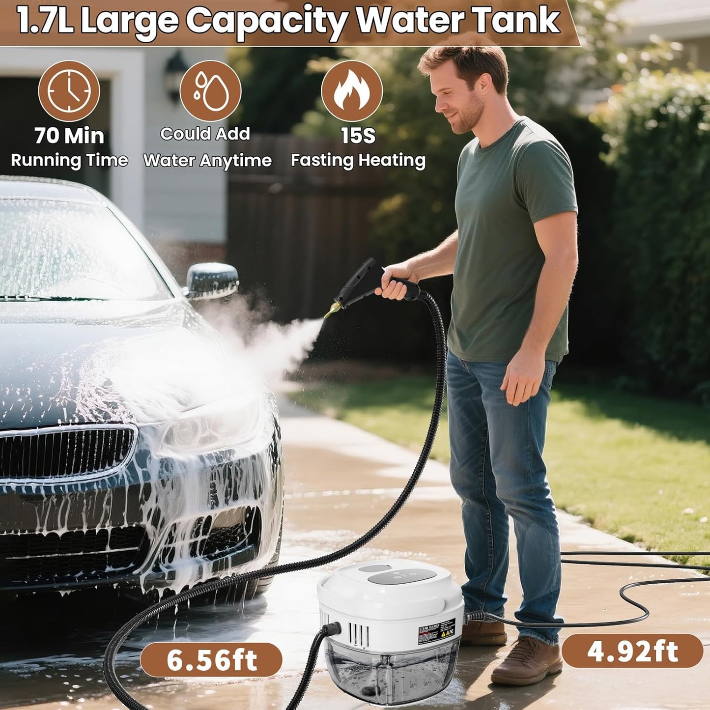 Handheld Steam Cleaner for Home, 2500W High Temperature Pressurized Machine, 1.7L Water Tank, Handle-controlled Steam Output, Portable Cleaning Steamer for Car, Bed Bugs, Furniture, Grout (White)