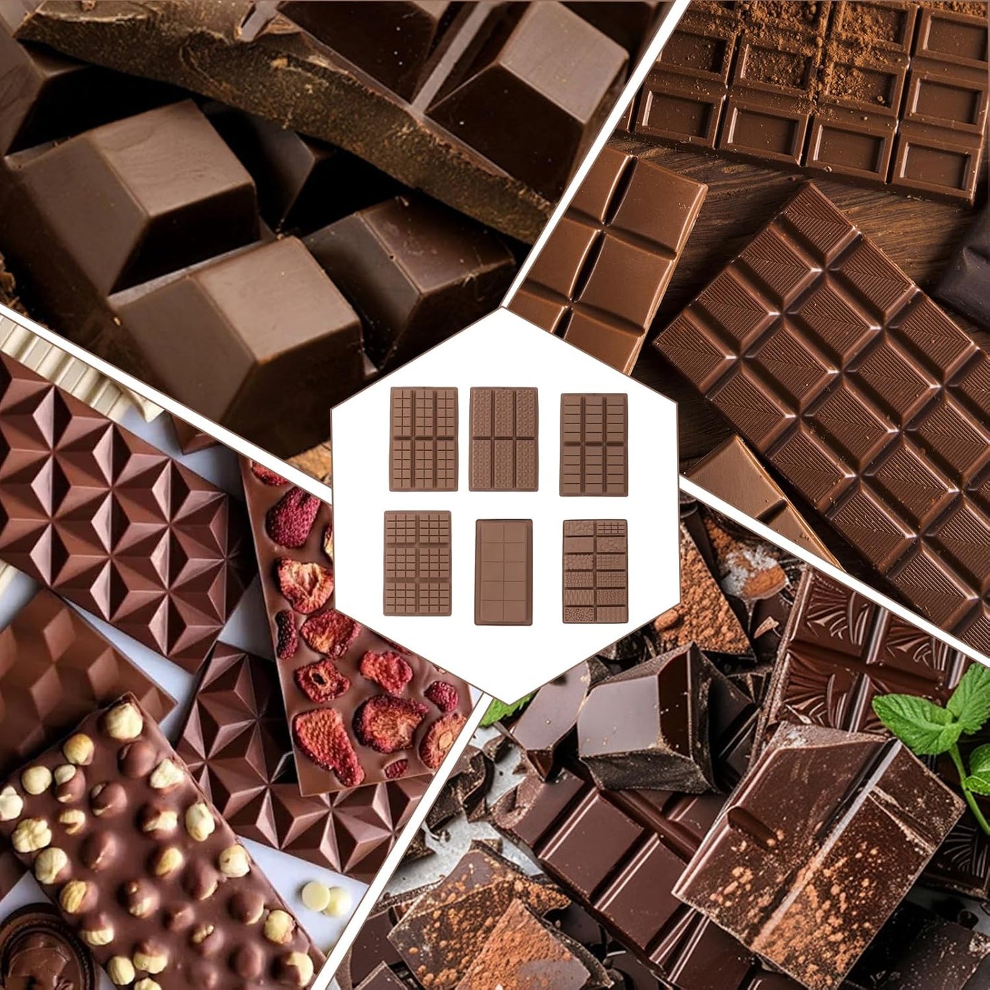 6-Piece Set Dubai Chocolate Bar Mold, Non-Stick Chocolate Molds Silicone, 100% Food Grade Silicone Candy Bar Mold, Changeable Shapes, Easy to Demould, for Pistachio Wax Melting Rectangle, with Brush*1