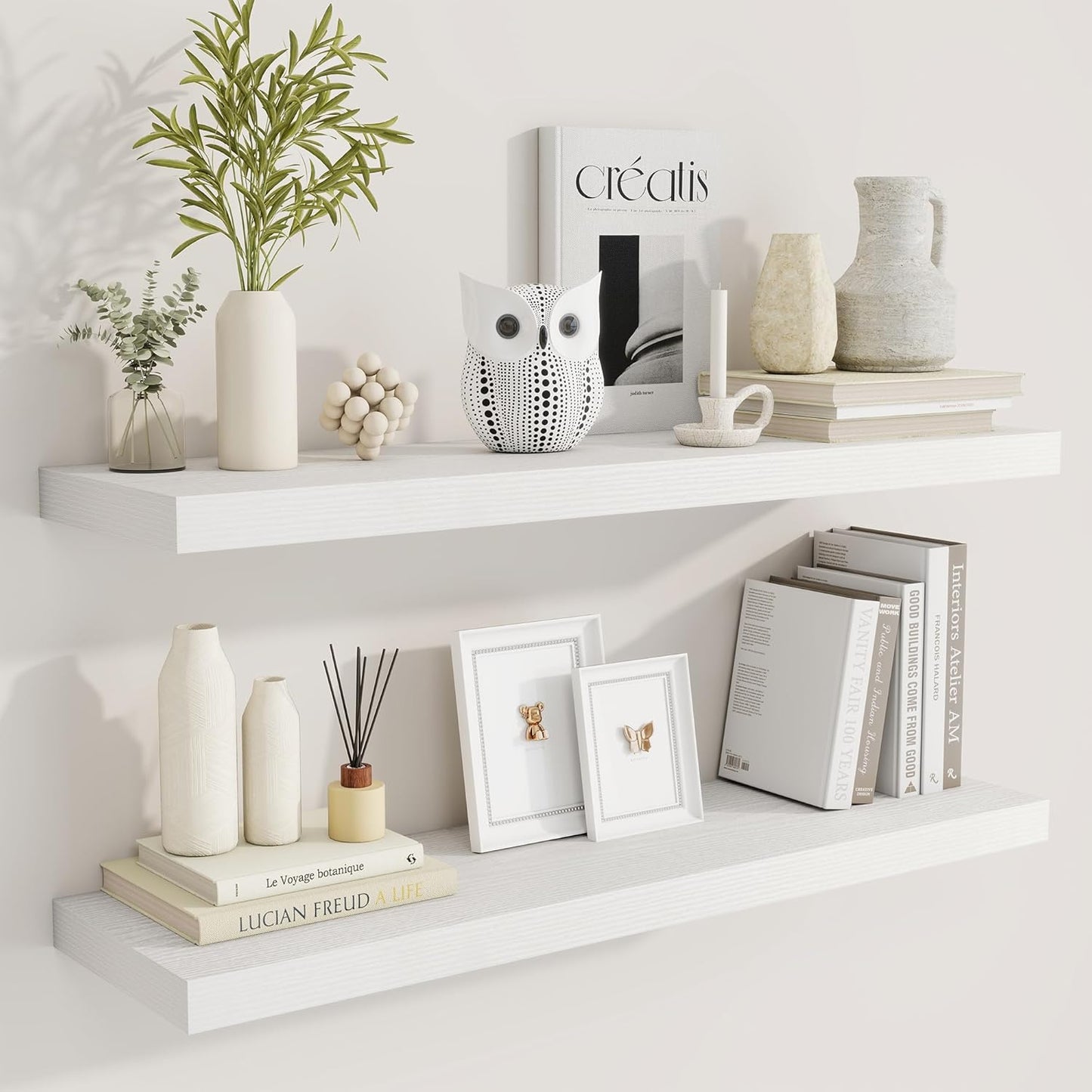 36 Inch Floating Shelves, 9.3 Inch Deep Rustic Wall Shelves - Extra Deeper Wall Mounted Storage Shelves for Bathroom, Kitchen, Living Room (White, Set of 2)