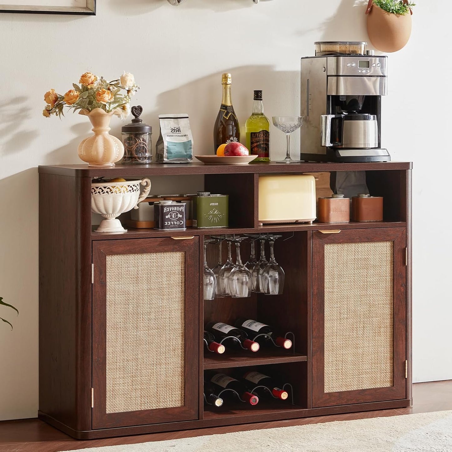 Lerliuo 47.2" Rattan Wine & Liquor Cabinet with 2 Doors, Boho Farmhouse Coffee Bar Station, Built-in Wine Racks & Storage, Adjustable Shelves for Living Room, Dining Room, Kitchen, Walnut Brown