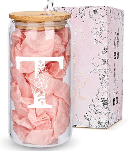 Personalized Gifts for Women, Monogrammed Glass Cups with Lids and Straws, Custom Tumbler, Cute Customized Mug, Aesthetic Stuff, Initial Iced Coffee Cup, Drinking Glasses, Birthday Teacher Gifts, T
