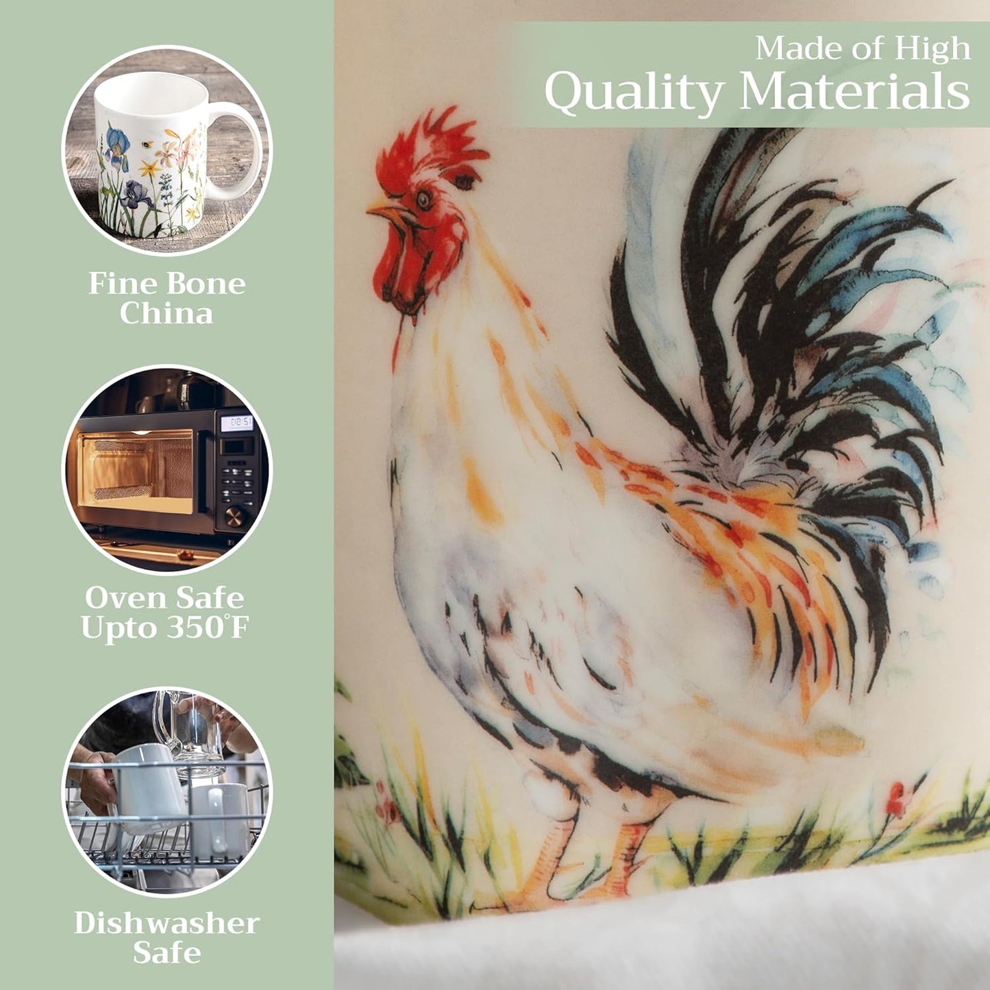 Maison d' Hermine Coffee Mug with Handles Fine Bone China Mugs Pack of One Tea Cups for Hot Beverages Cappuccino Latte Home Restaurant Office Perfect for Gift (Campagne - Coq, 15 Ounce)