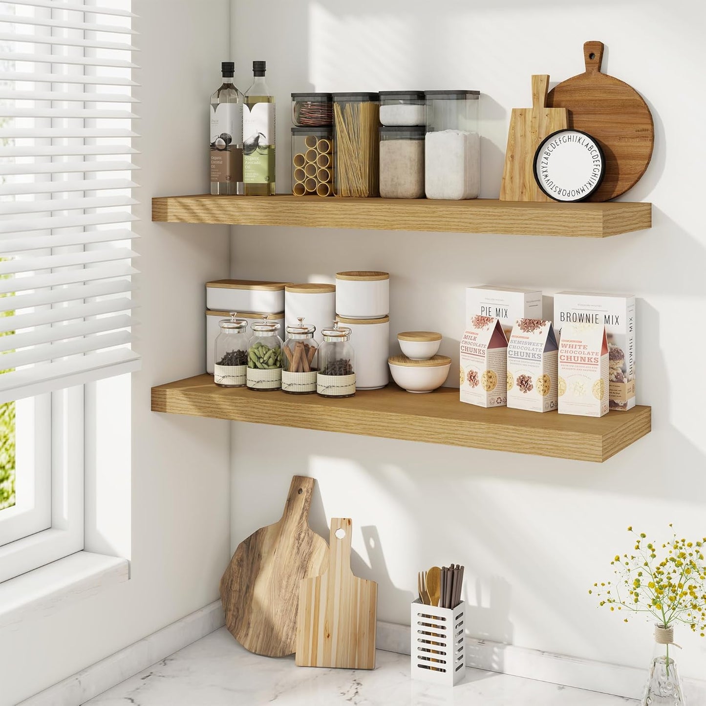 Fun Memories Floating Shelves for Wall, 32 Inch Rustic Wood Wall Mounted Shelves for Bathroom, Bedroom, Kitchen, Living Room, Deep Floating Shelves for Storage & Home Decor (Oak, Set of 2)