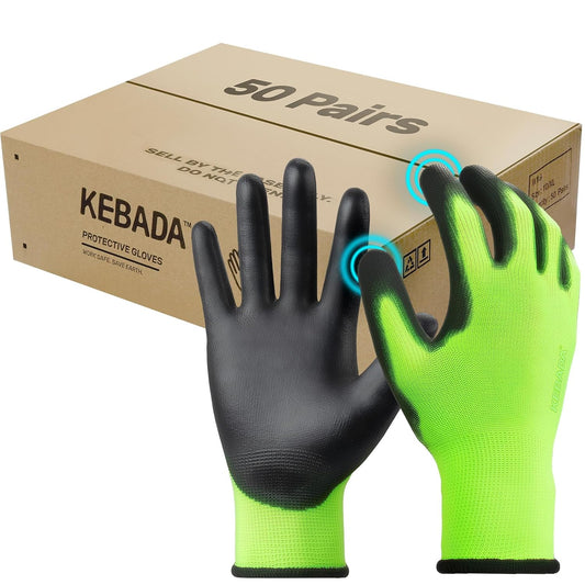 Kebada W1 Work Gloves for Men and Women, Touchscreen PU Coated Gloves with Grip, 50 Pairs Bulk Pack, Ideal for Warehouse Package Handling, Construction, Gardening, Green Small