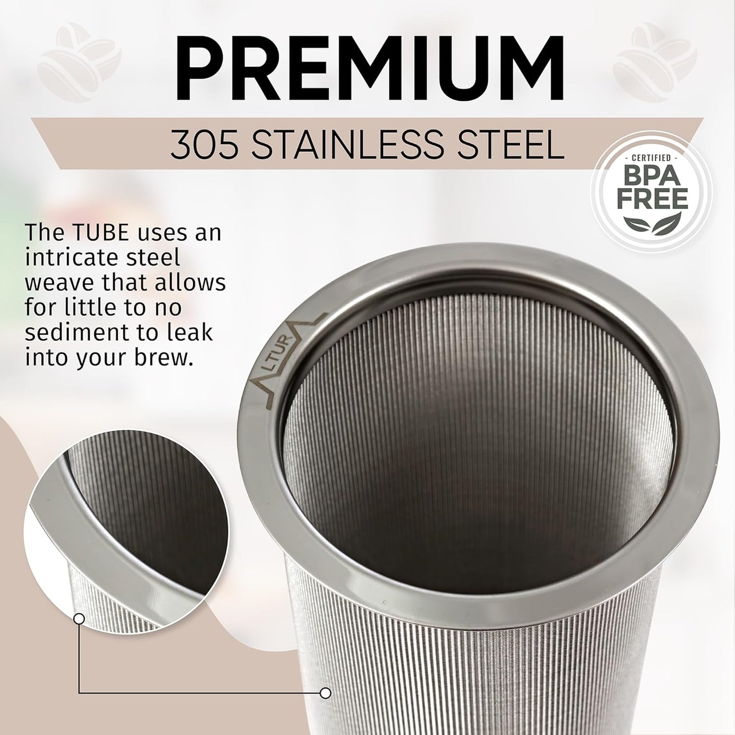 Altura The TUBE Cold Brew Coffee Maker and Tea Infuser for Wide Mouth Mason Jars - Stainless Steel Cold Brew Filter Strainer for Iced Coffee, Fruit Water & More - (32oz/1qt)