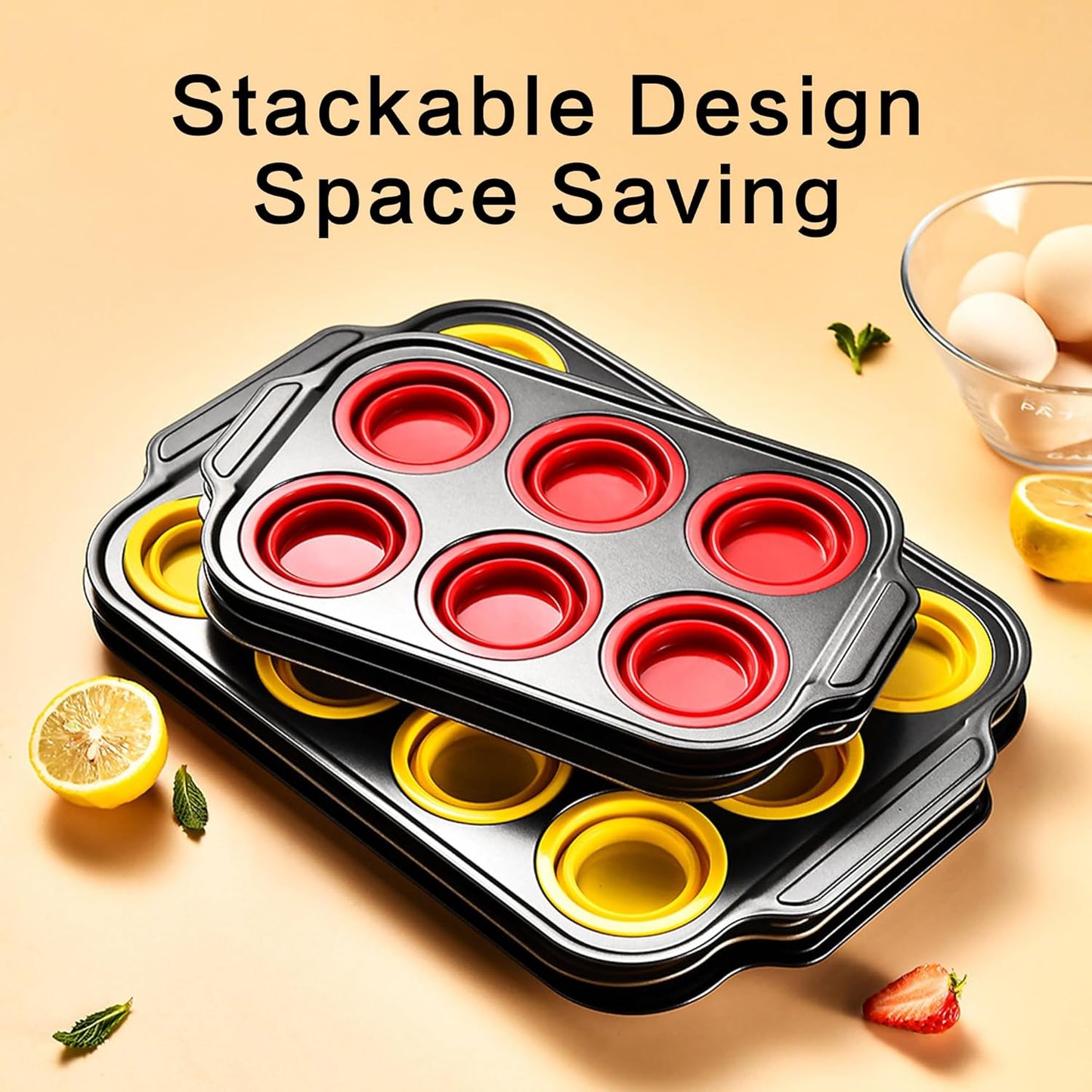 Silicone Muffin Pan for Baking with Metal Frame, 6 Cup Muffin Pan Molds, Non Stick Baking Tray for Ovens, Bakeware with Press to Release Design, Egg Bites Silicone Mold, Dishwasher & Oven Safe, Yellow