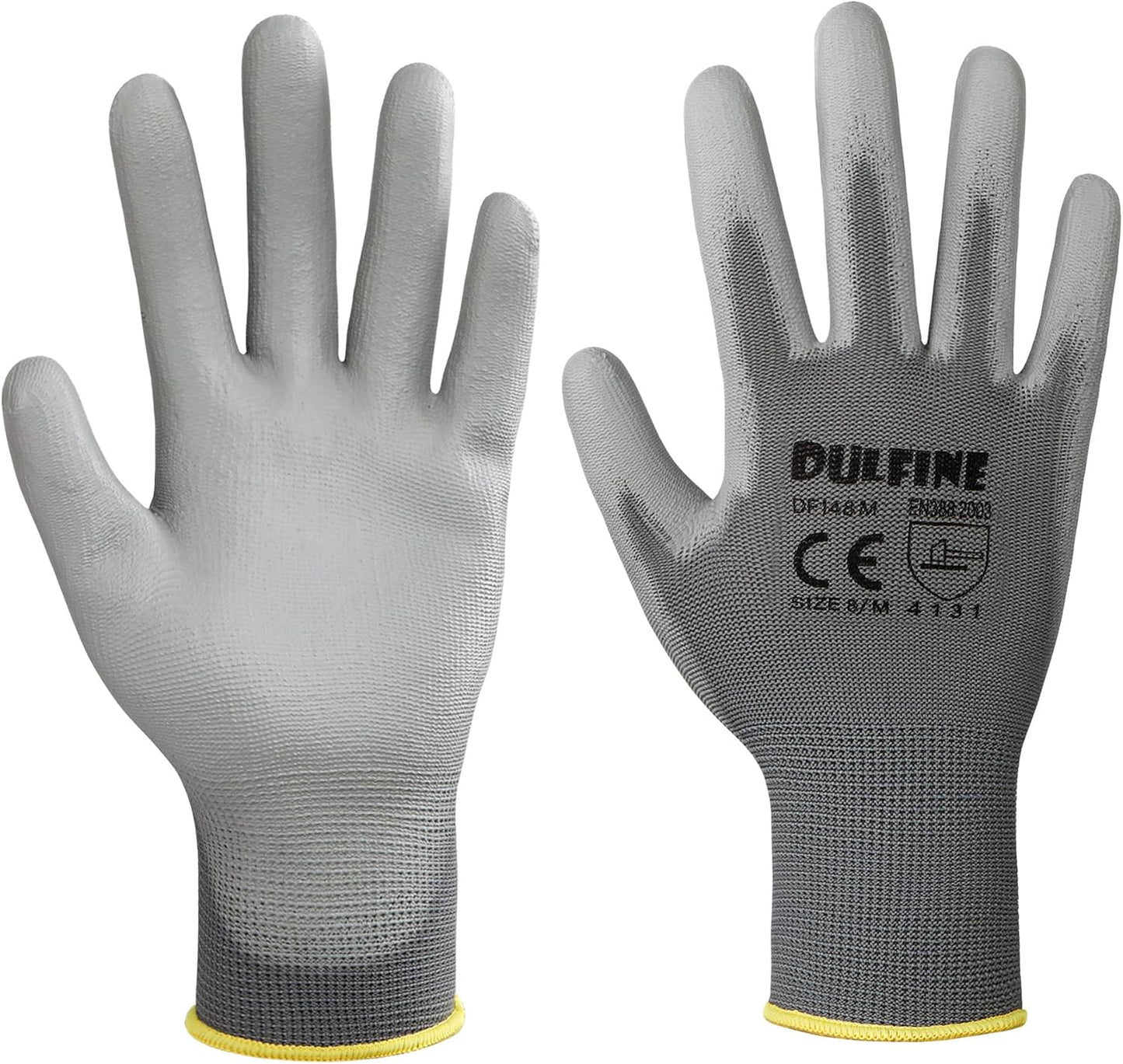 DULFINE Safety Work Gloves for Men PU Coated 60 Pairs Bulk Pack,Grey Yellow Seamless Knit Glove with thin Polyurethane Coated Smooth Grip on Palm & Fingers,Ideal for General Duty Work (Small)