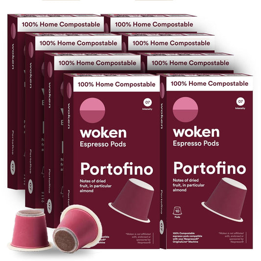 WOKEN COFFEE Compostable Nespresso Pods - Portofino Medium Roast Italian Espresso Coffee Capsules Compatible With Nespresso Coffee Machine (80 Pod Count, 8 Boxes)