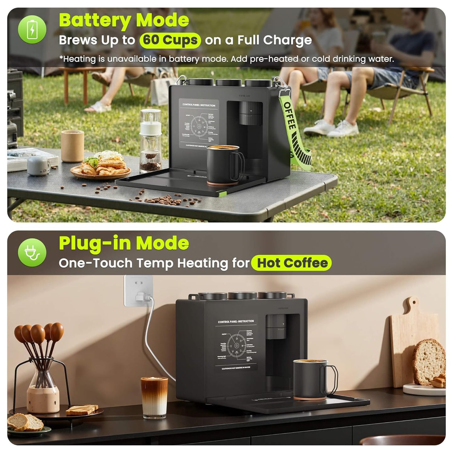 Candy™ Portable Espresso Coffee Maker with Strap for Travel, 3 in 1 One-Touch Operation, Rechargeable Up to 60 Cups(Cold), for Ground, Ideal for Camping, RV & Outdoor Use, Fast Heating in Plug-in Mode