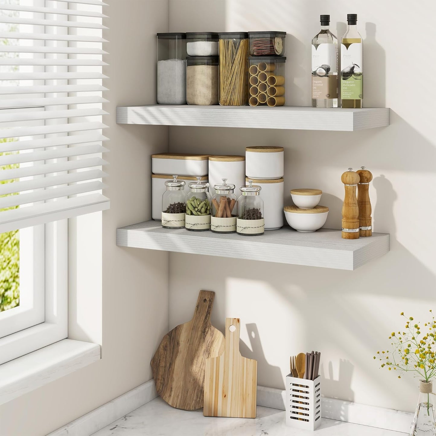 Fun Memories 24 Inch Floating Shelves for Wall, 9 Inch Deep White Rustic Wood Wall Mounted Shelves for Bathroom, Kitchen, Living Room, Set of 2