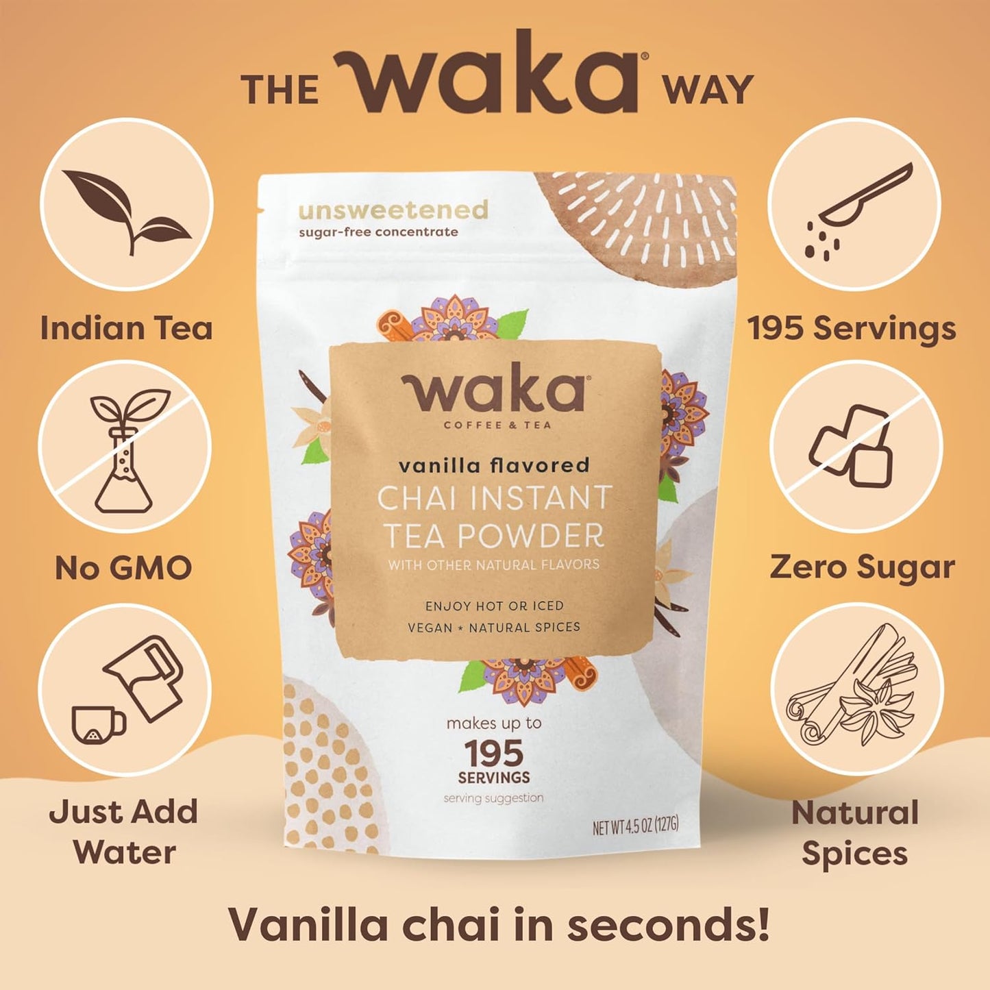 Waka Vanilla Chai Tea Mix - 100% Tea Leaves from India, Natural Spices, Unsweetened Tea Powder - No Sugar, No Additives, Up to 195 Cups (4.5oz Pouch, 195 Servings)