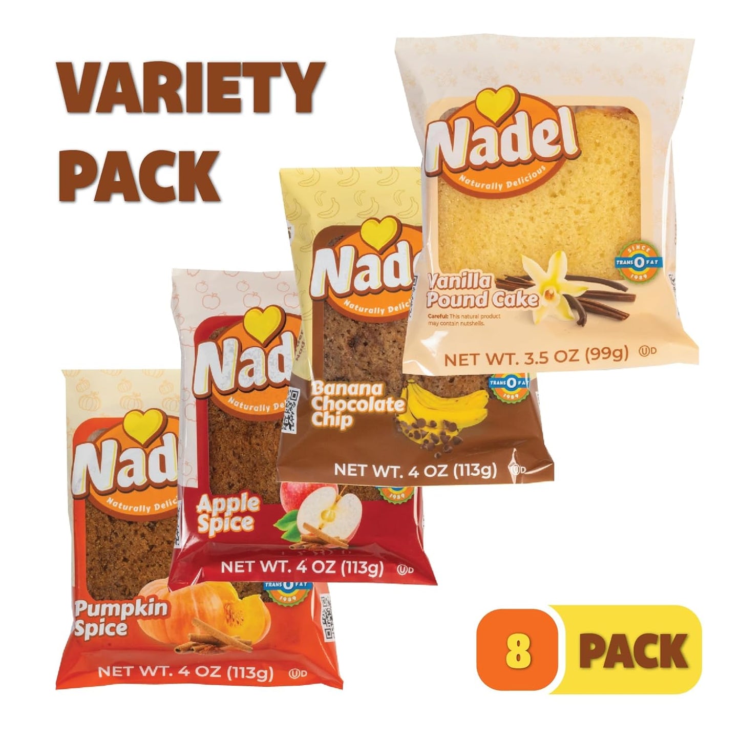 Nadel - Naturally Delicious Sweet Breads Variety Pack (Banana Chocolate Chip, Vanilla Pound Cake, Apple Spice, Pumpkin Spice). (8 Pack, 2 Breads Per Flavor)