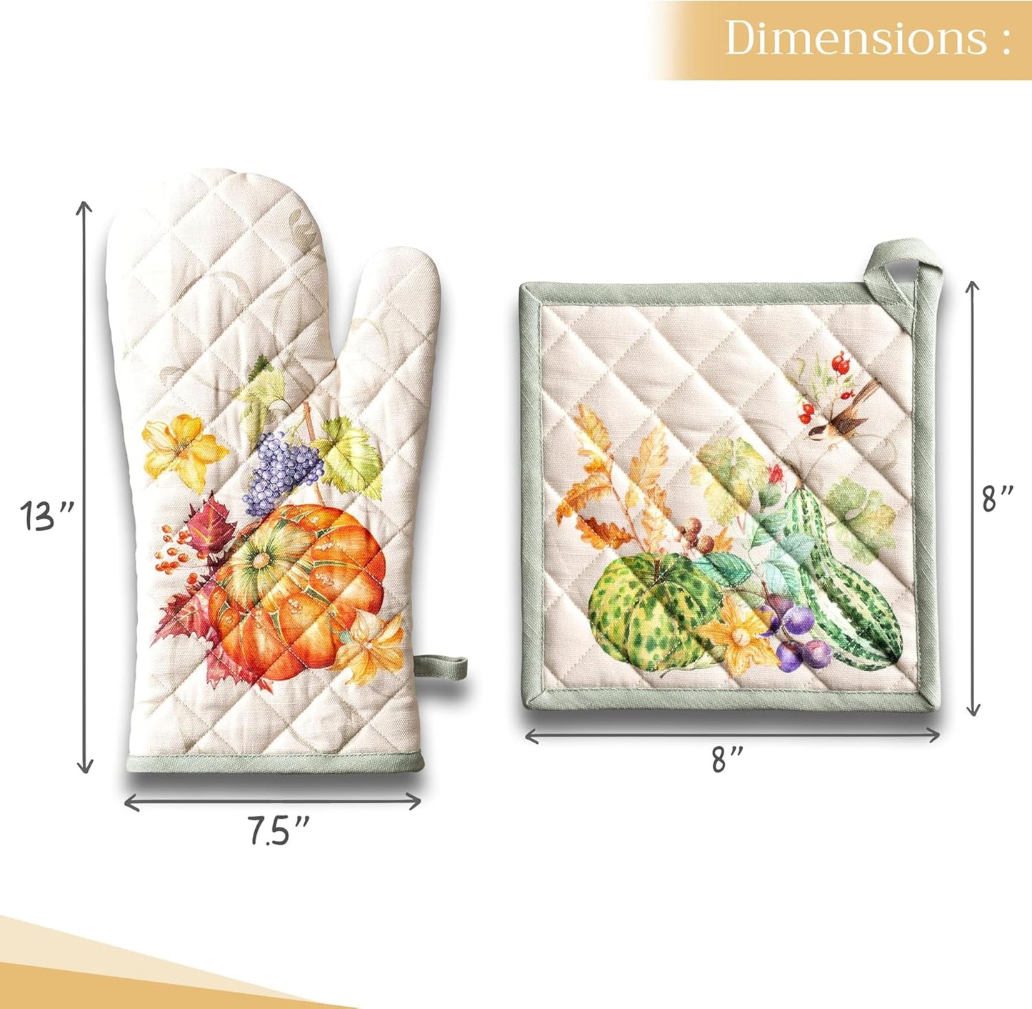 Maison d' Hermine 100% Cotton Oven Mitt & Pot Holder Set (7.5"x13" & 8"x8") Heat Resistant BBQ Cooking Gloves with Loop, Baking, Grilling, Kitchen, Handling Hot Pans (Lumina)