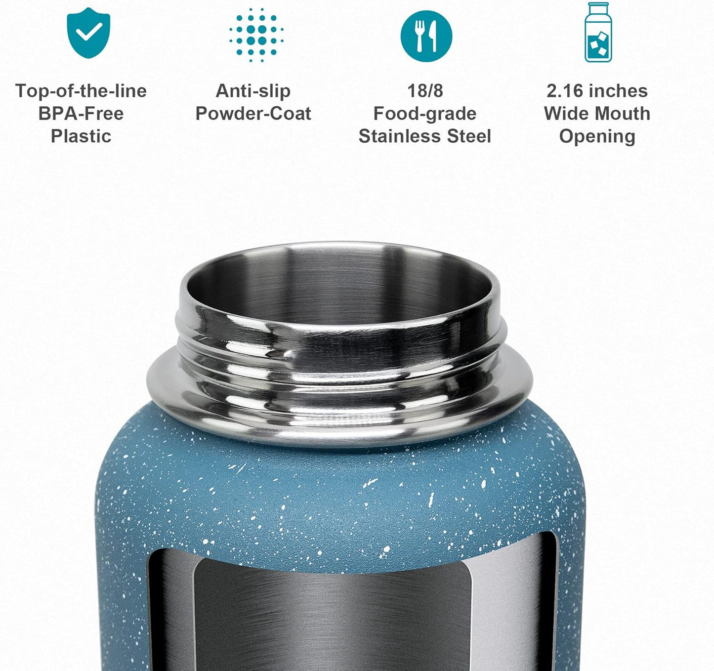 BUZIO 40 oz Water Bottle Insulated with Straw & 3 lid and Carrying Pouch, Leak Proof Anti-Slip Stainless Steel Water Flask Jug, Cold for 48 Hrs Double Vacuum Thermo Canteen, BPA-Free, Starry Pacific