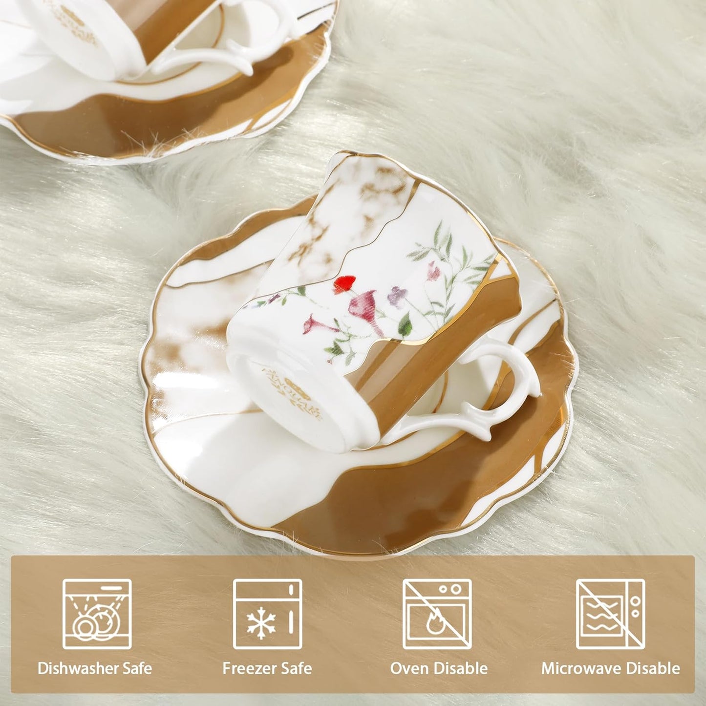 fanquare 2.5 Ounce Demitasse Cup and Saucers, 12 Pieces Ceramic Espresso Cups Set of 6, Brown Marble Pattern Espresso Mugs for Coffee Bar Home