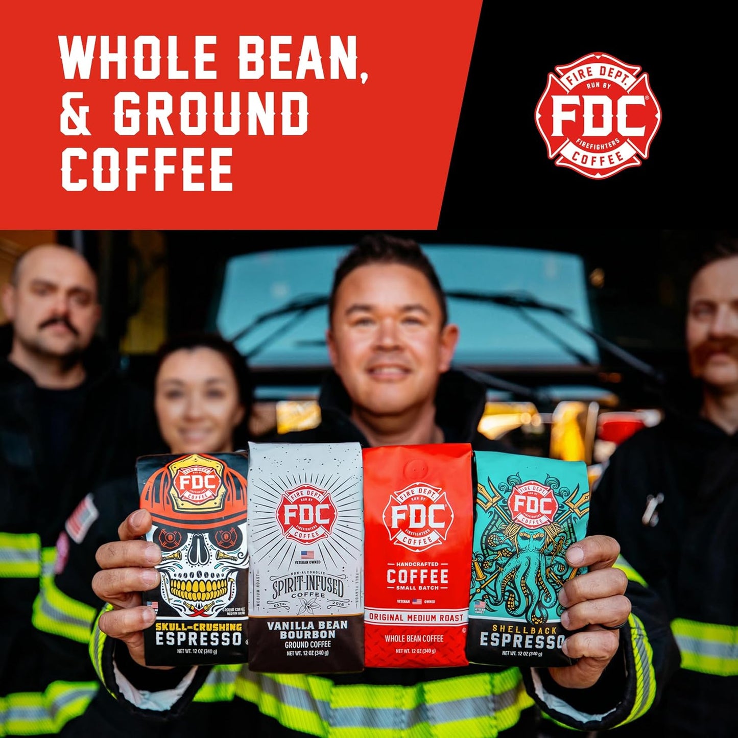 Fire Department Coffee - Vanilla Bourbon Coffee - Gives Back to Firefighters - Vanilla Bean Bourbon Infused Whole Bean - Non-Alcoholic - Roasted in the USA - Veteran Owned - 12 oz