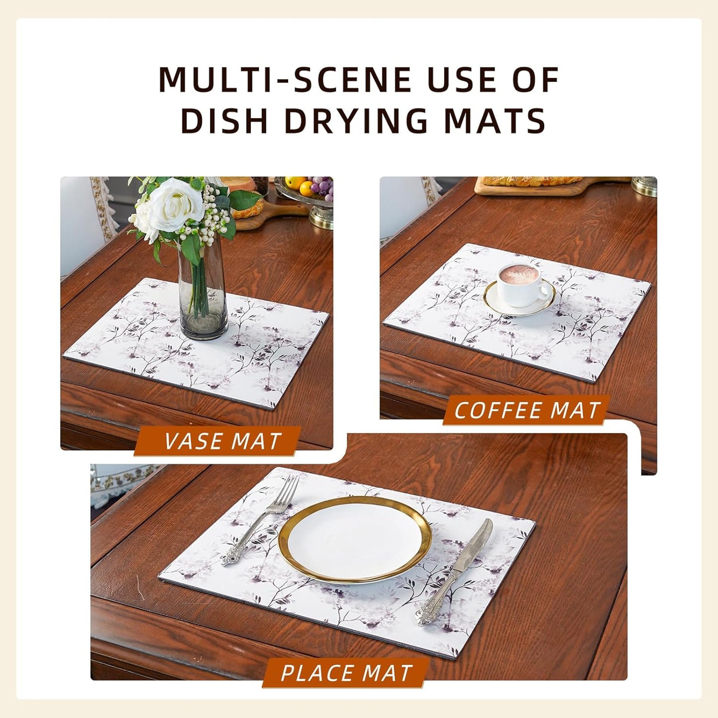 Dish Drying Mat, Diatomaceous Earth Soft Coffee Mat, Absorbent Silicone Dish Drying Mat for Kitchen Counter or Sink for Kitchen Bathroom Coffee Bar (Inked Flower, 12 x 16 Inches)