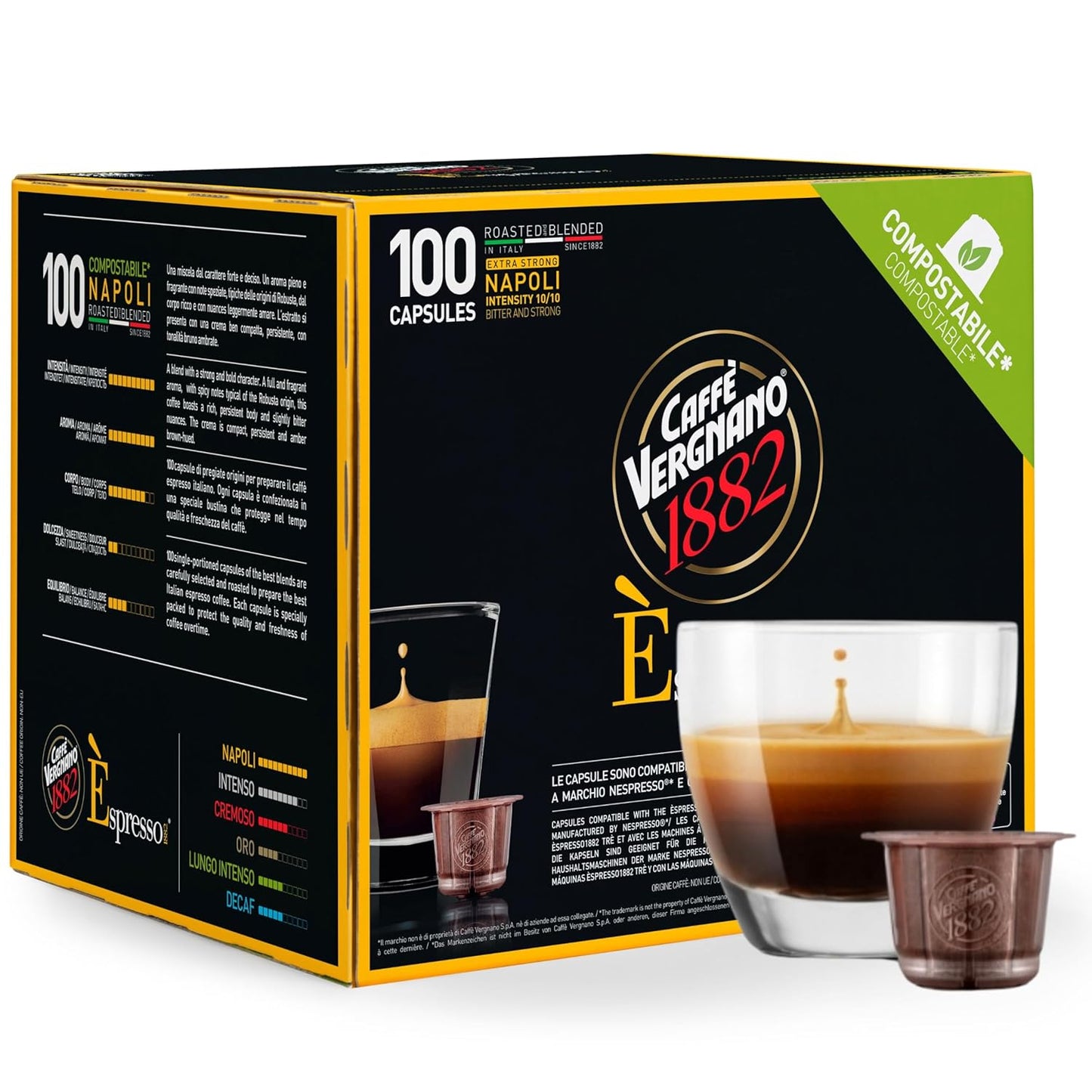 Caffe' Vergnano 1882 Medium Roast Espresso Original Line Machine Compatible Capsules, Single-Serve Arabica Robusta Espresso Coffee, Italian Coffee for Nespresso Machine, Intensity 10/10, Napoli, 100 Ct