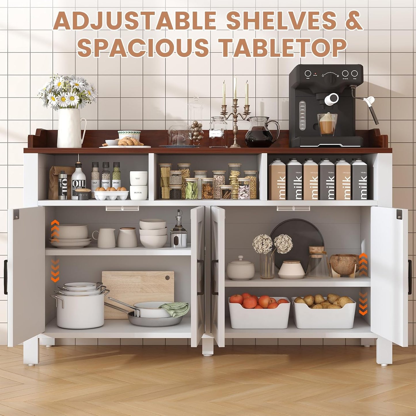 Buffet Cabinet with Storage Farmhouse with 4 Doors and 3 Open Compartments, 55'' Large Kitchen Storage Cabinet White Wood Coffee Bar Buffet Sideboard for Kitchen, Dining Room, Living Room