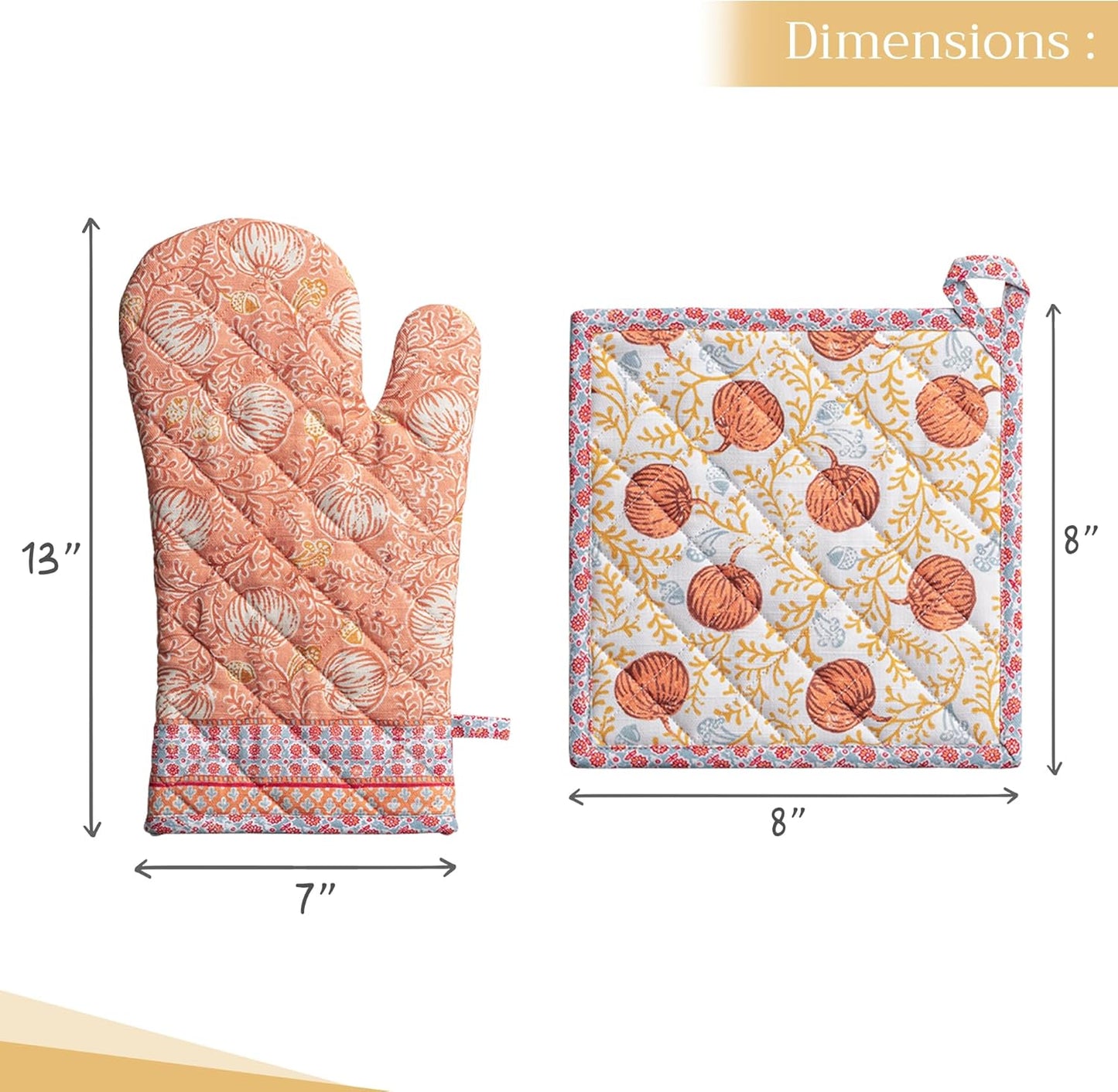 Maison d' Hermine 100% Cotton Oven Mitt & Pot Holder Set (7.5"x13" & 8"x8") Heat Resistant BBQ Cooking Gloves with Loop, Baking, Grilling, Kitchen, Handling Hot Pans (Harvest Festival)