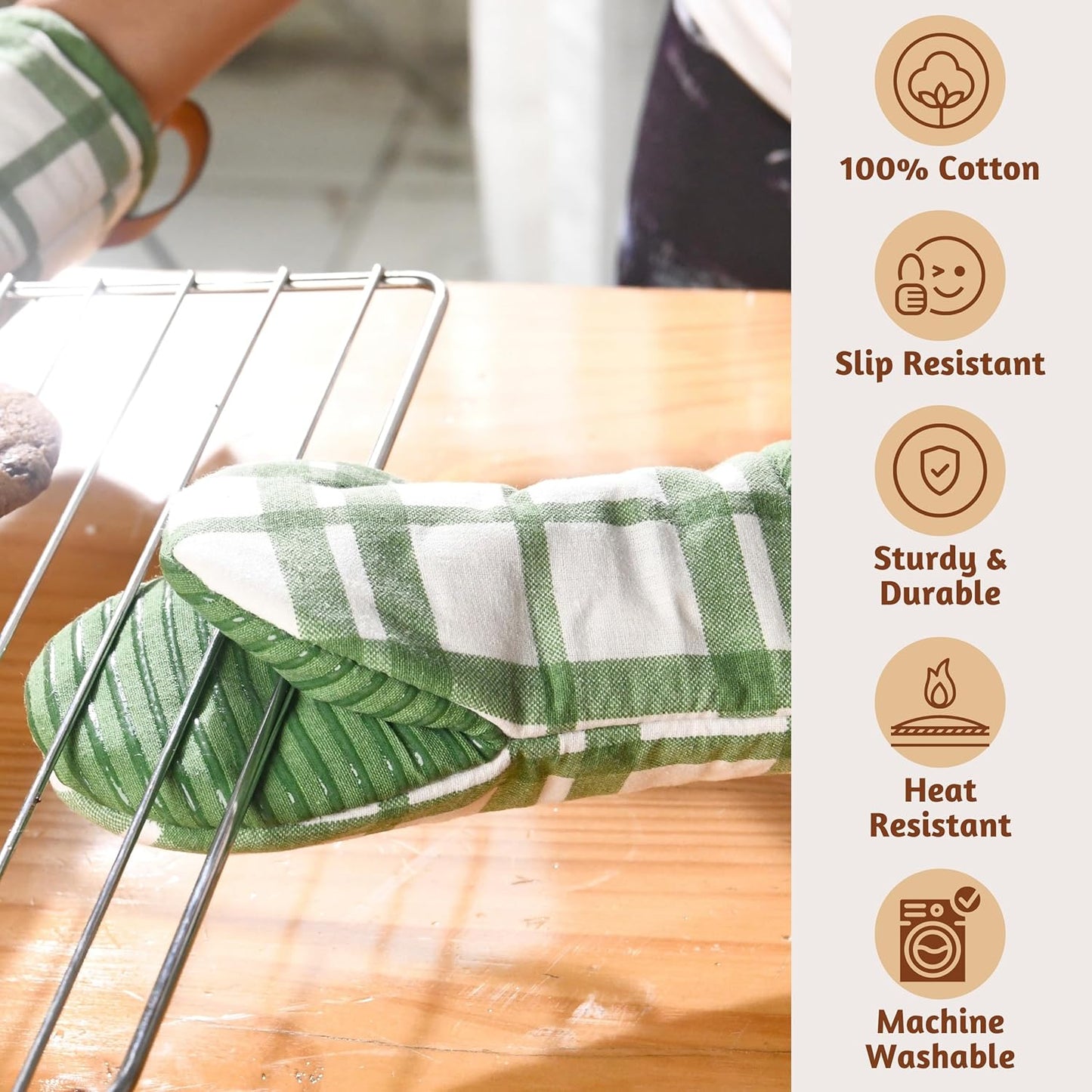 Folkulture Mini Oven Mitts Heat Resistant | (5.75 x9) Set of 2 Short Green Oven Mitts with Hanging Loop | 100% Cotton Oven Gloves or Kitchen Mittens | Small Oven Mitt Set or Green Silicone Oven Mit