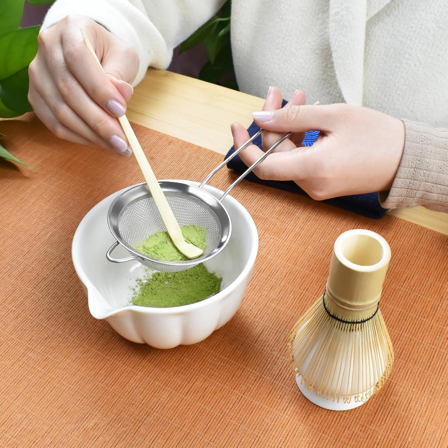 Artcome 7 Pcs Japanese Matcha Tea Set - Matcha Bowl with Pouring Spout, Matcha Whisk, Tea Scoop, Whisk Holder, Handmade Matcha Ceremony Kit For Japanese Tea Ceremony, Ivory