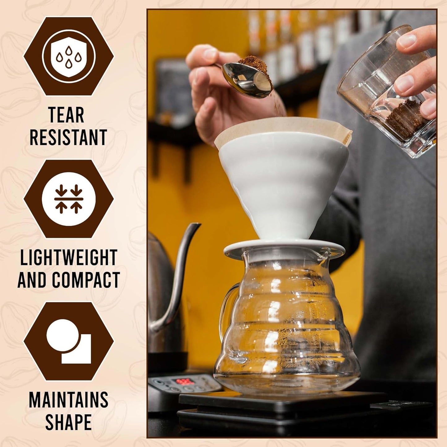 Exle Coffee Filter - V shape Cone Coffee Filters - Natural Drip Disposable Paper Filters 2-4 Cup - 100 ct - Brewing with Exle Coffee Filter - 100% Wood - Brown - Pour over coffee maker