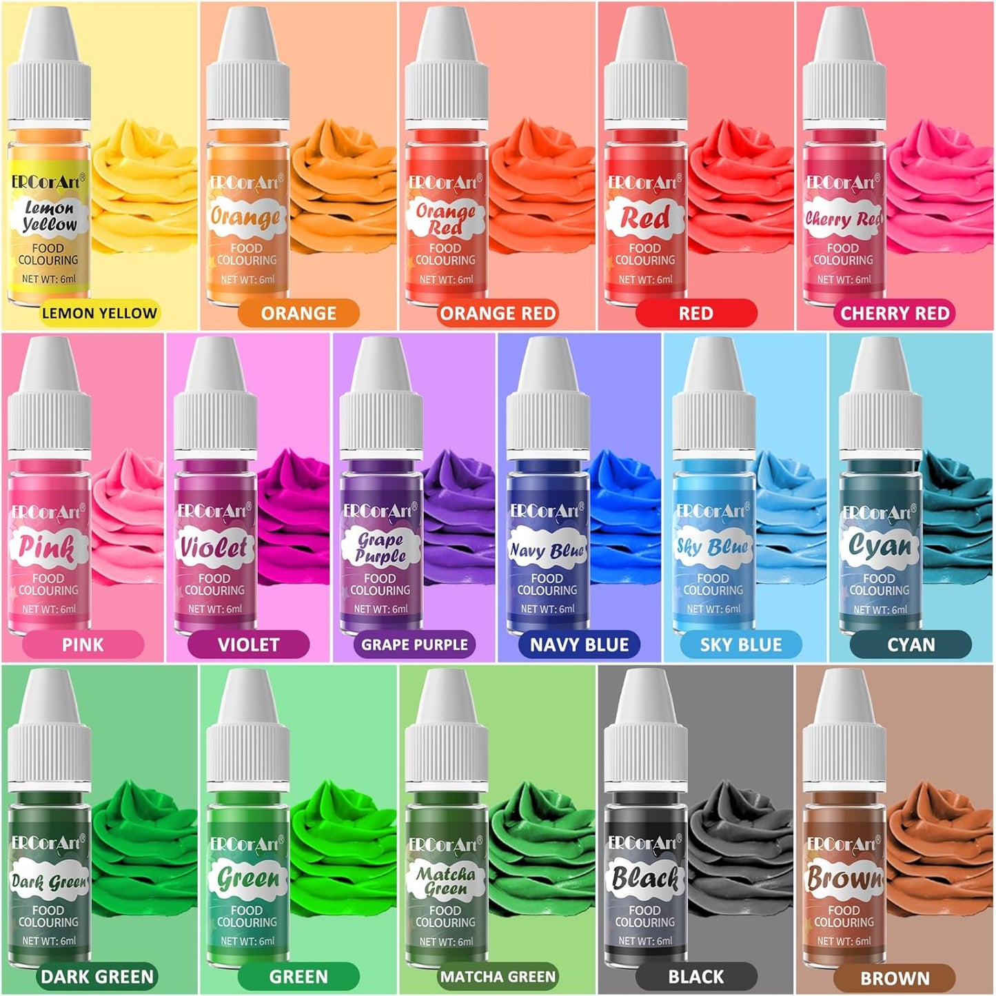 Food Coloring Liquid - ERCorArt 16 Colors Food Coloring, Food Grade Food Dye, Tasteless Food Color Set for Cake Decorating, Easter Egg, Cooking, Fondant - 0.25 Fl Oz