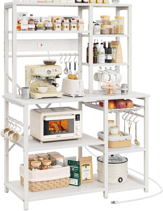 SUPERJARE Large Bakers Rack with Power Outlets, 6-Tier Microwave Stand, Coffee Bar with 12 S-Shaped Hooks, Kitchen Shelf with Wire Basket, 39.3 x 15.5 x 66.9 Inches, White