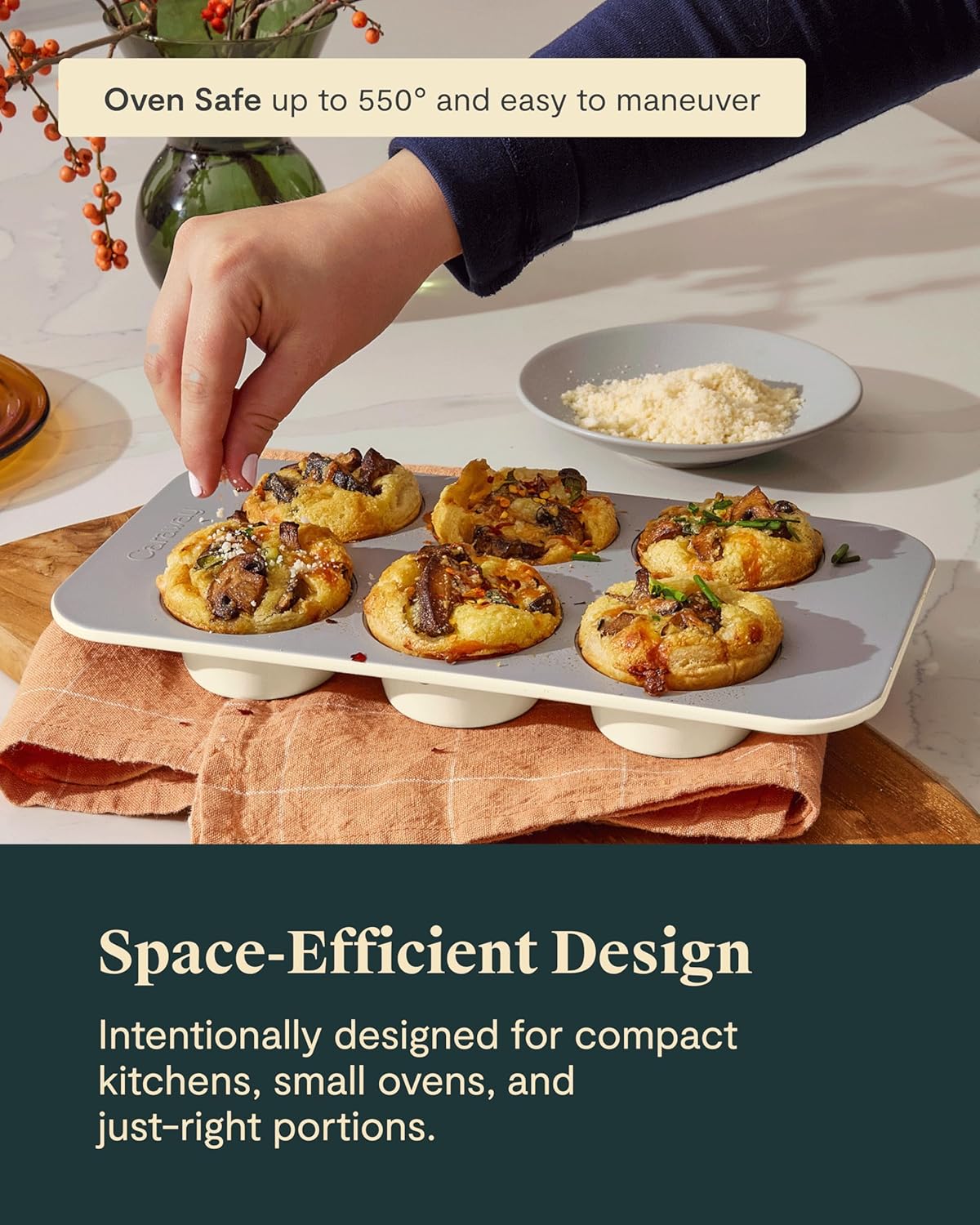 Caraway Nonstick Ceramic 6 Cup Muffin Pan – Non-Toxic, PTFE & PFOA Free – Oven Safe – Aluminized Steel Core – Small Muffin Pan for Baking Cupcakes, Muffins & More - Perracotta