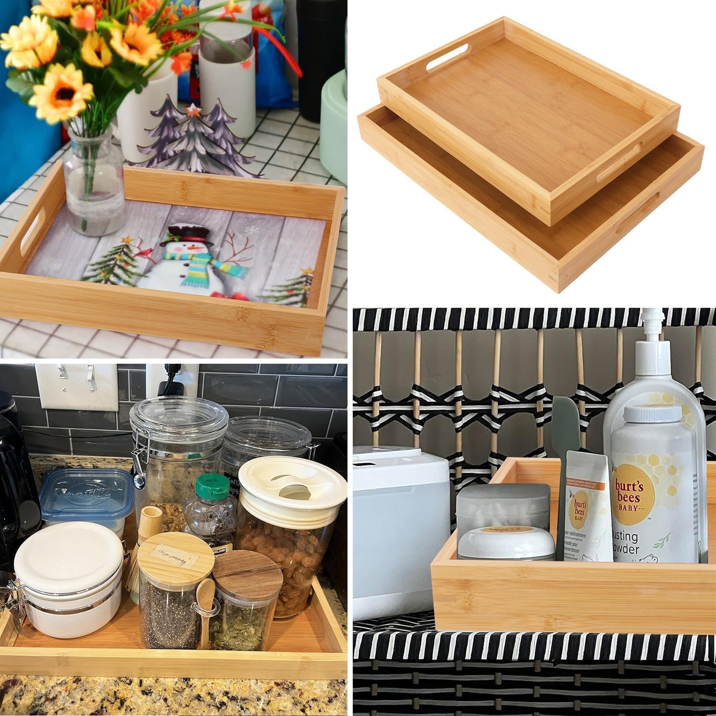 2 Pack Large Bamboo Serving Tray with Handles, 16 x 11.6 Inch and 14 x 10 inch Wooden Dinner Tray, Home Kitchen Breakfast Trays for Living Room Bedroom Kitchen Dinner Table, Picnic