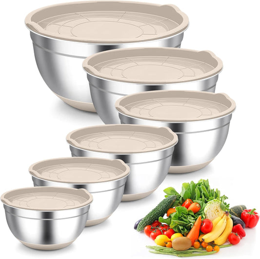TeamFar Khaki Mixing Bowls, 6-Piece Stainless Steel Nesting Salad Bowls with Lid Set for Prepping Baking, Non-Toxic & Stackable, Air-Tight Lid & Non Slip Bottom, 4.6/2.6/2/1.5/1 / 0.7 QT