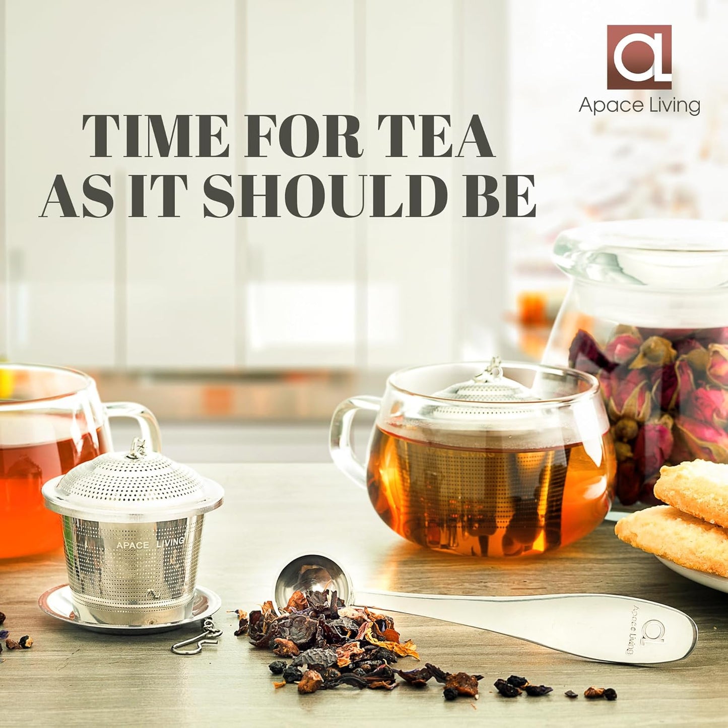 Large Tea Infuser (Set of 2) with Tea Scoop and Drip Trays by Apace – Multi Cup Size Stainless Steel Loose Leaf Tea Strainer and Steeper