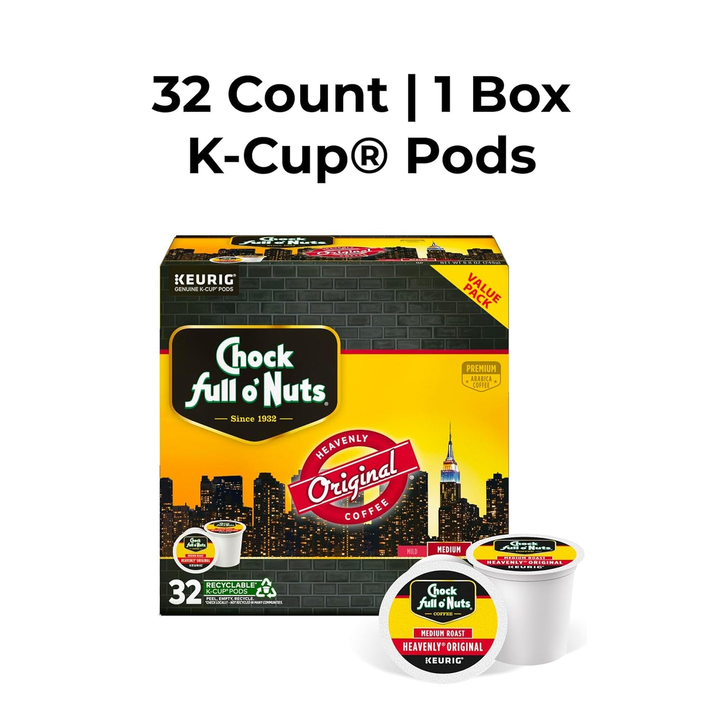 Chock full o’Nuts Heavenly Original Keurig K-Cup Pods for Keurig Brewers – Premium Arabica, Medium Roast – Single Serve – 1 Pack of 32 K-Cup Pods
