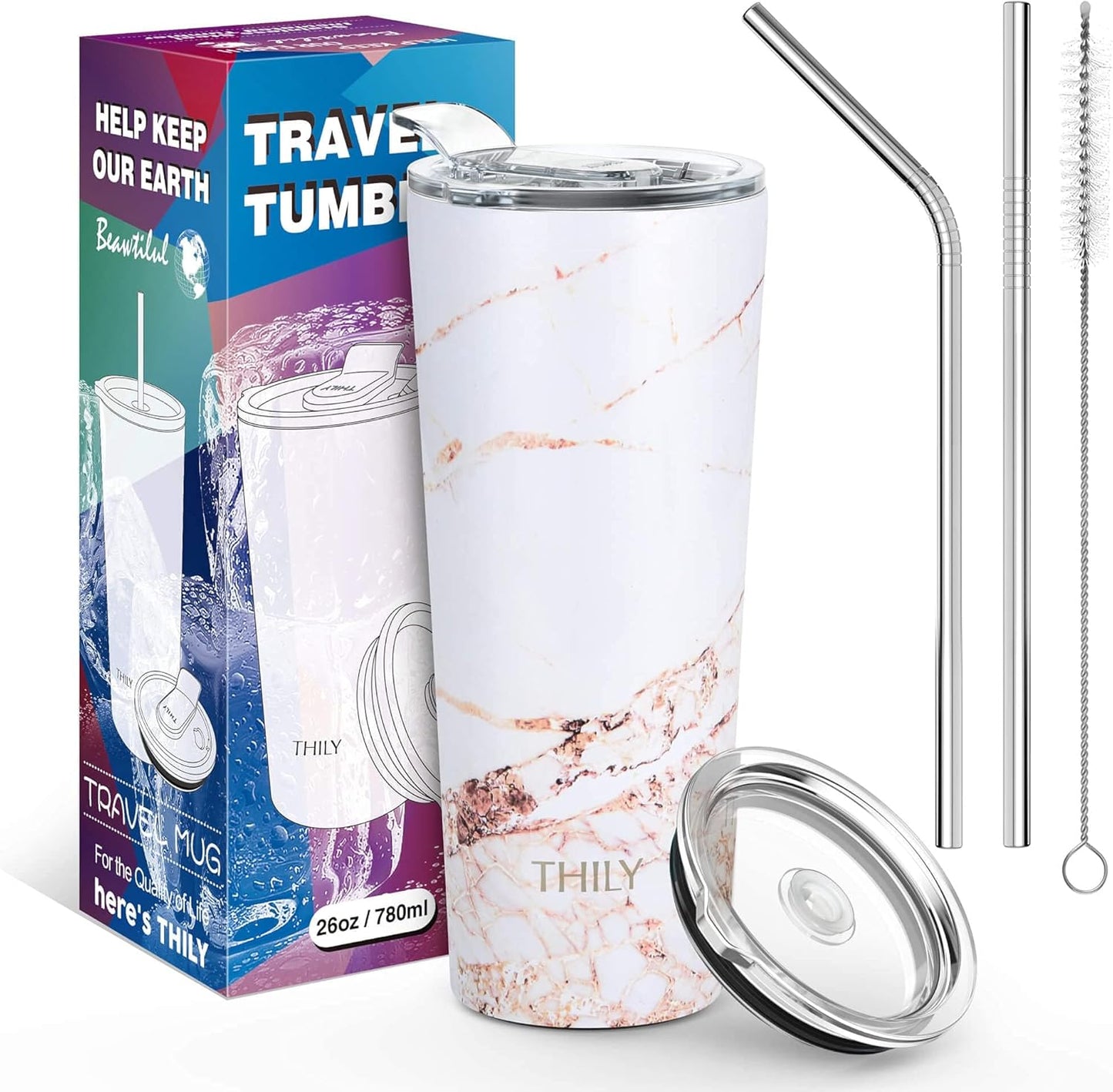 THILY Stainless Steel Vacuum Insulated Tumbler Travel Mug 26 oz Coffee Cup with 2 Lids and Straws, Splash Proof, Keep Ice Drinks Cold, Gold Marble