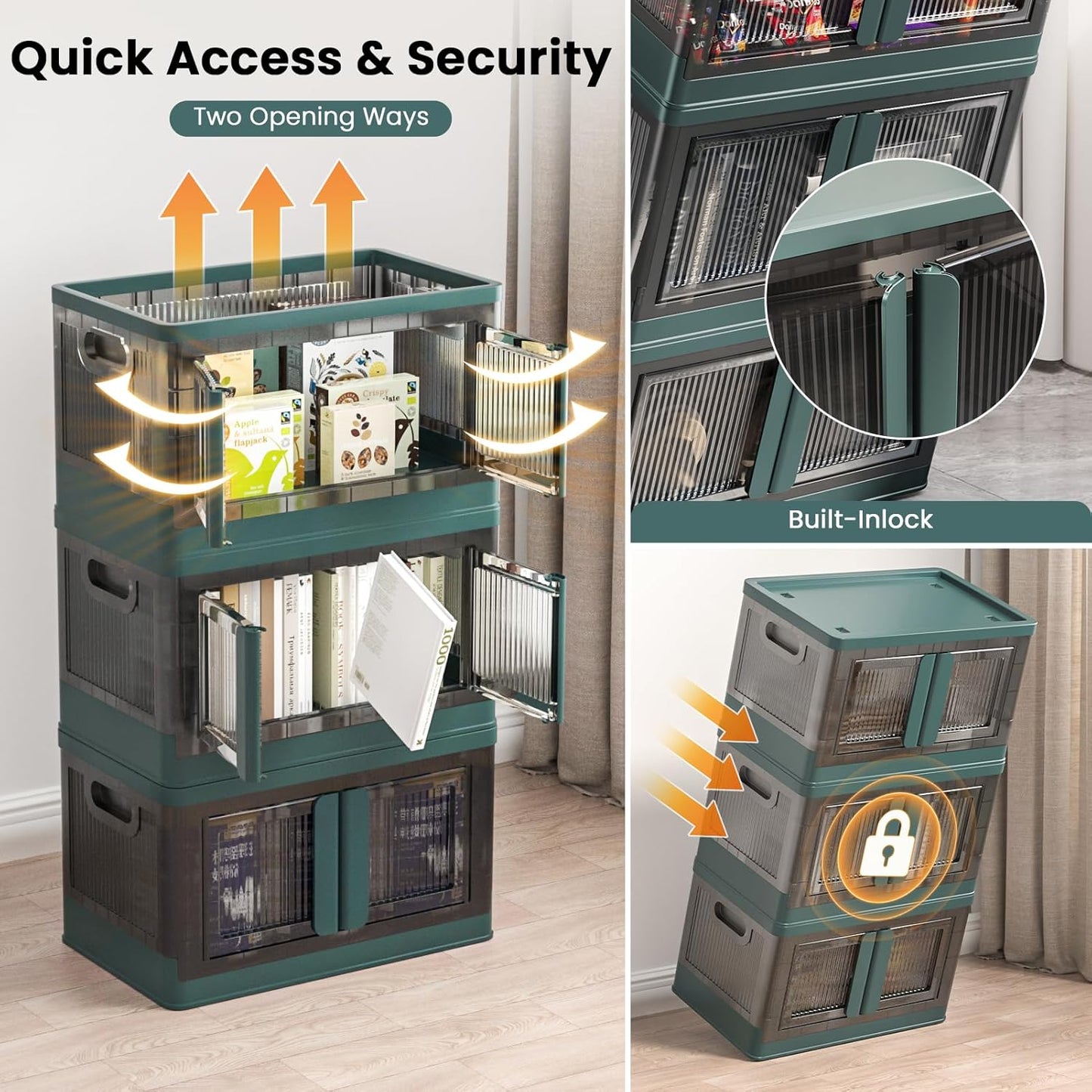 8.4Gal Collapsible Storage Bins with Lids & Wheels - 4 Pack Stackable with Doors, Heavy-Duty Plastic Containers for Home/Office, Green