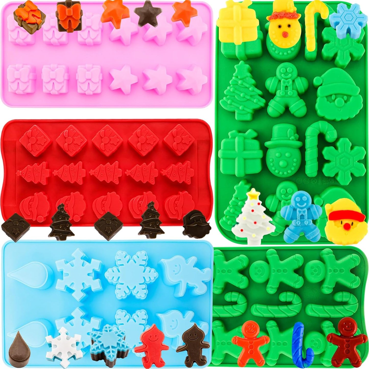 Christmas Silicone Chocolate Molds 5PCS Christmas Trees Snowflake Socks Bells Gingerbread Man Santa Shape Baking Molds for Chocolate Jelly Soap Fondant Candy Candles Pastry Gummies Cake Decorating