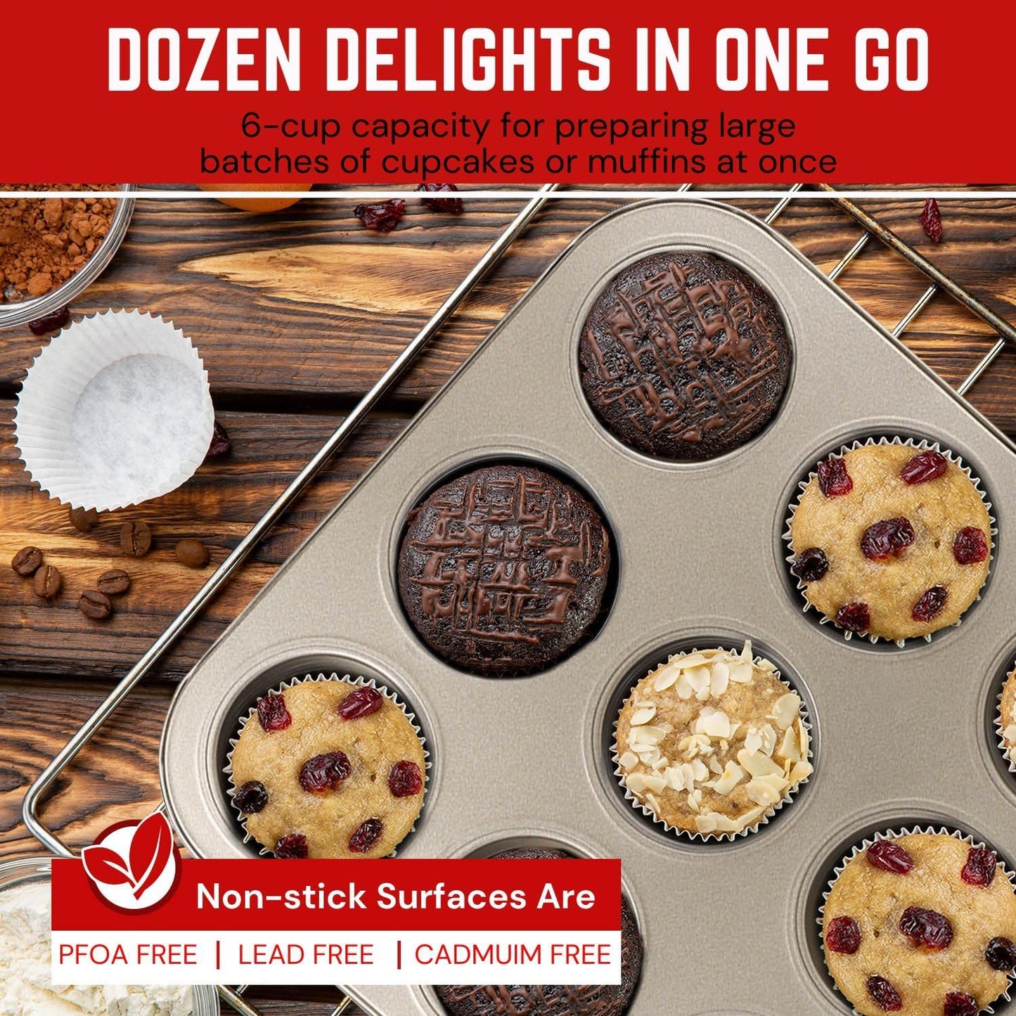 Flexzion Muffin Tray Cupcake Baking Pan 2 Pack, 12-Cup Nonstick Carbon Steel Muffin Tin Non-Stick Cupcake Tin Bakeware Accessories for Baking Cupcake Muffin Brownies Snack, Fridge Safe, Champagne Gold